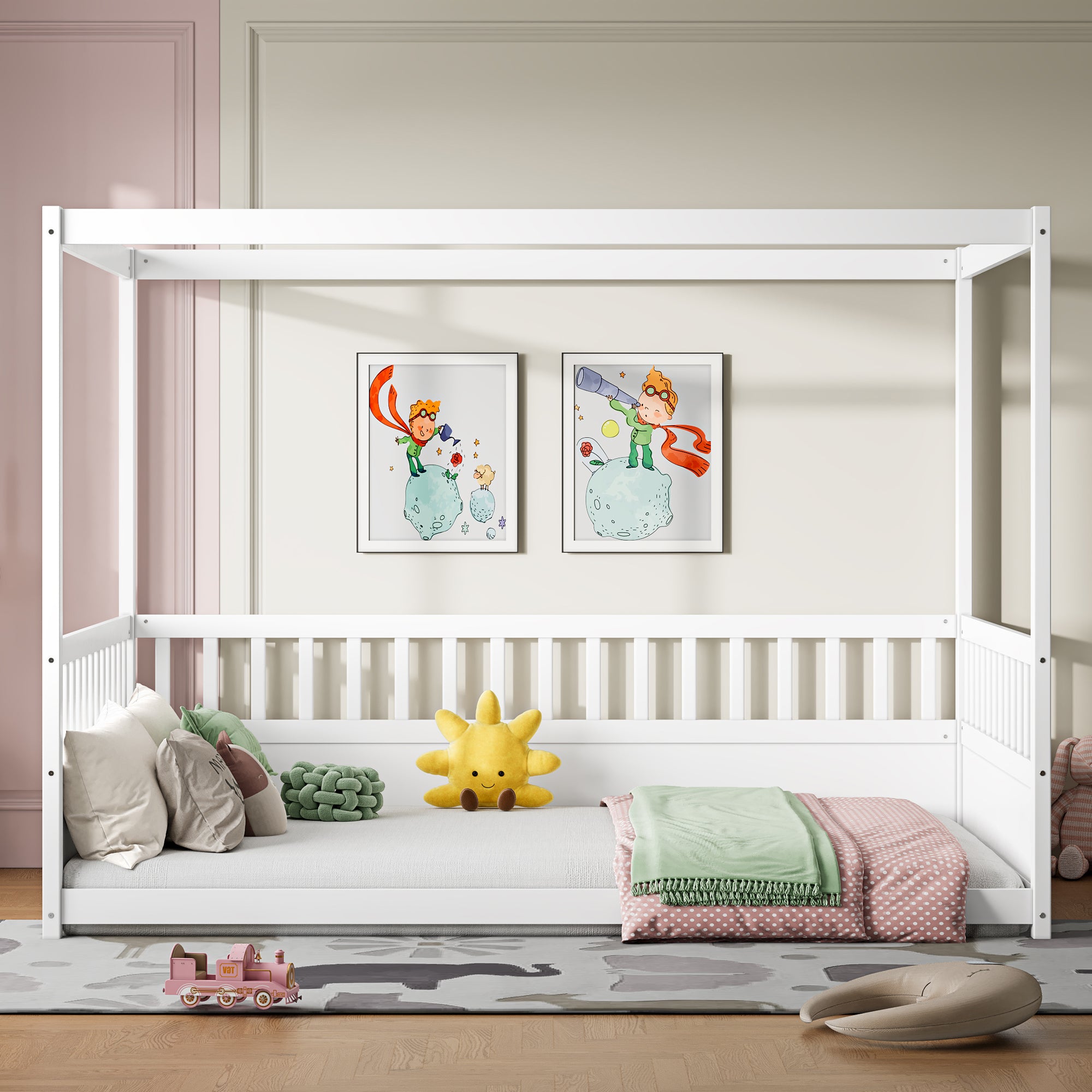 White children's Montessori floor bed, wooden canopy bed frame