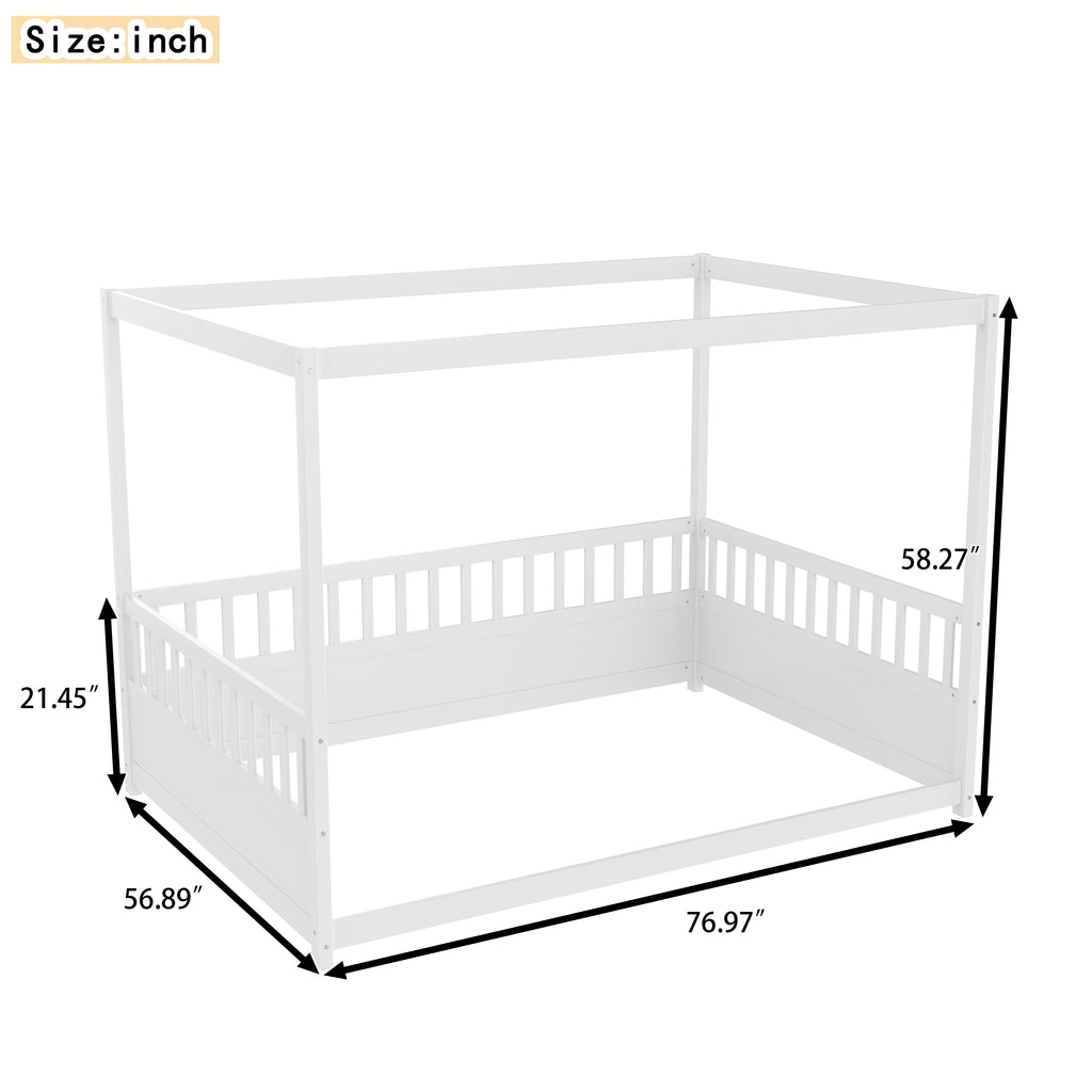 White children's Montessori floor bed, wooden canopy bed frame