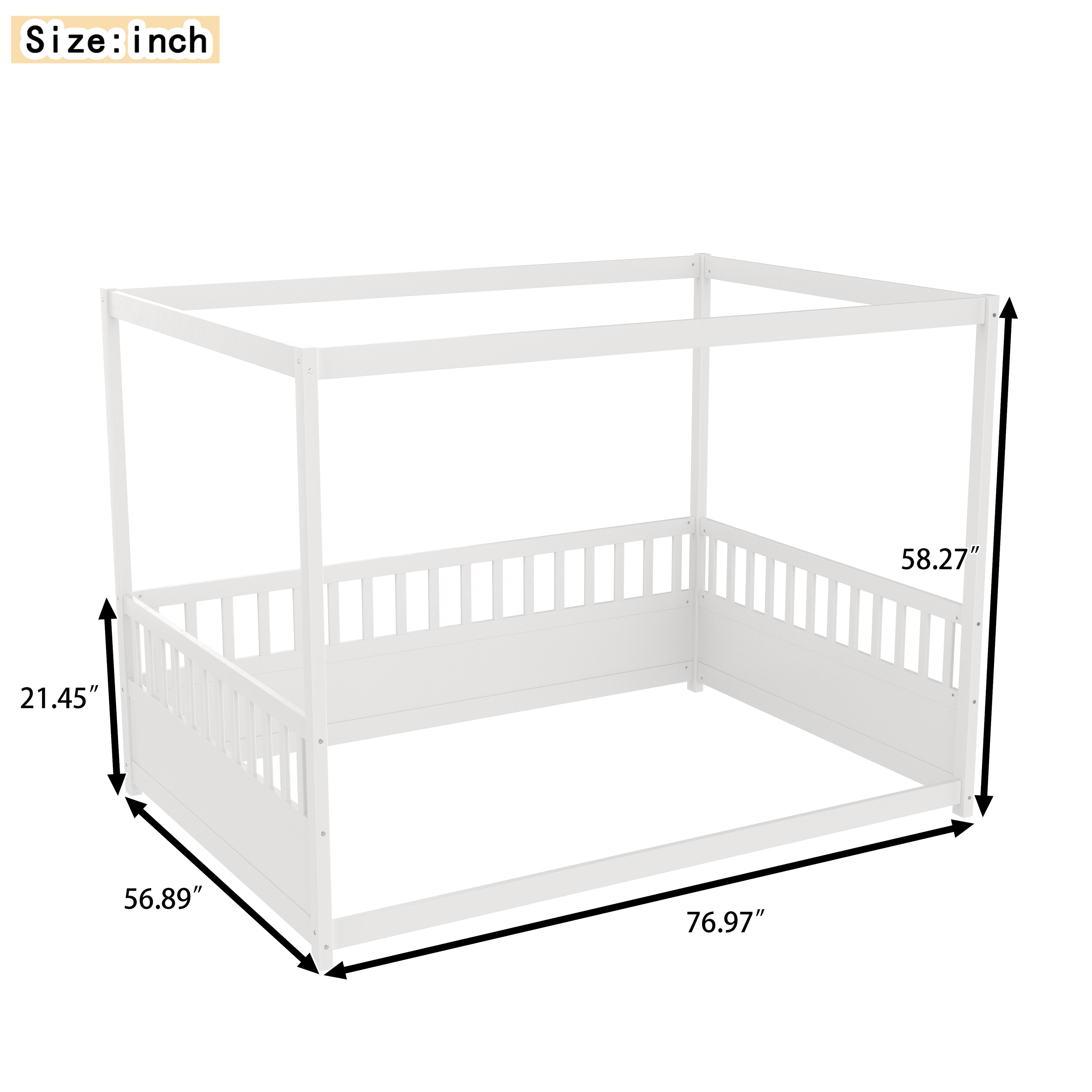 White children's Montessori floor bed, wooden canopy bed frame