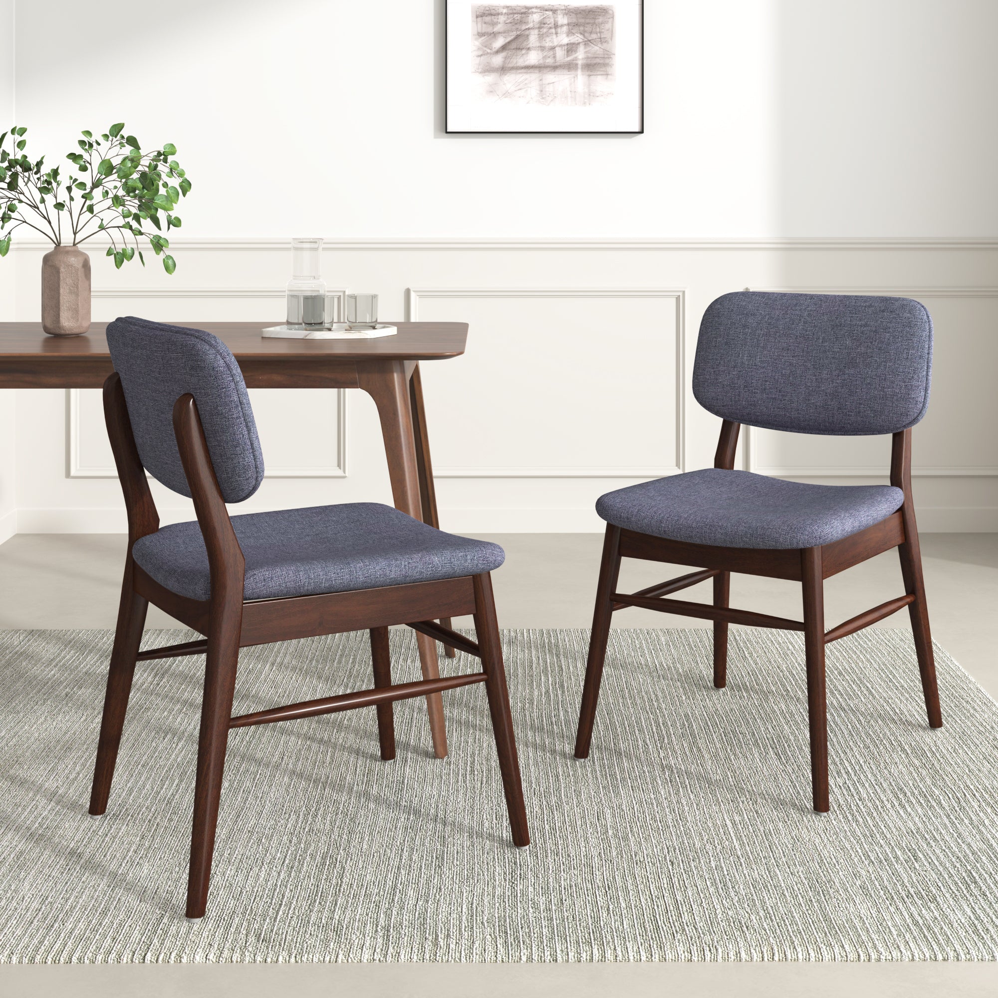 Two rubber wood frame upholstered dining chairs (walnut + charcoal)