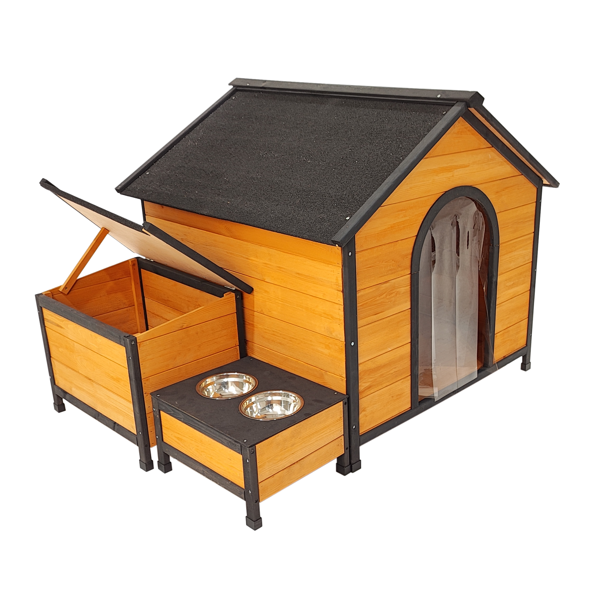 Natural solid wood dog house with metal bowls and toy boxes