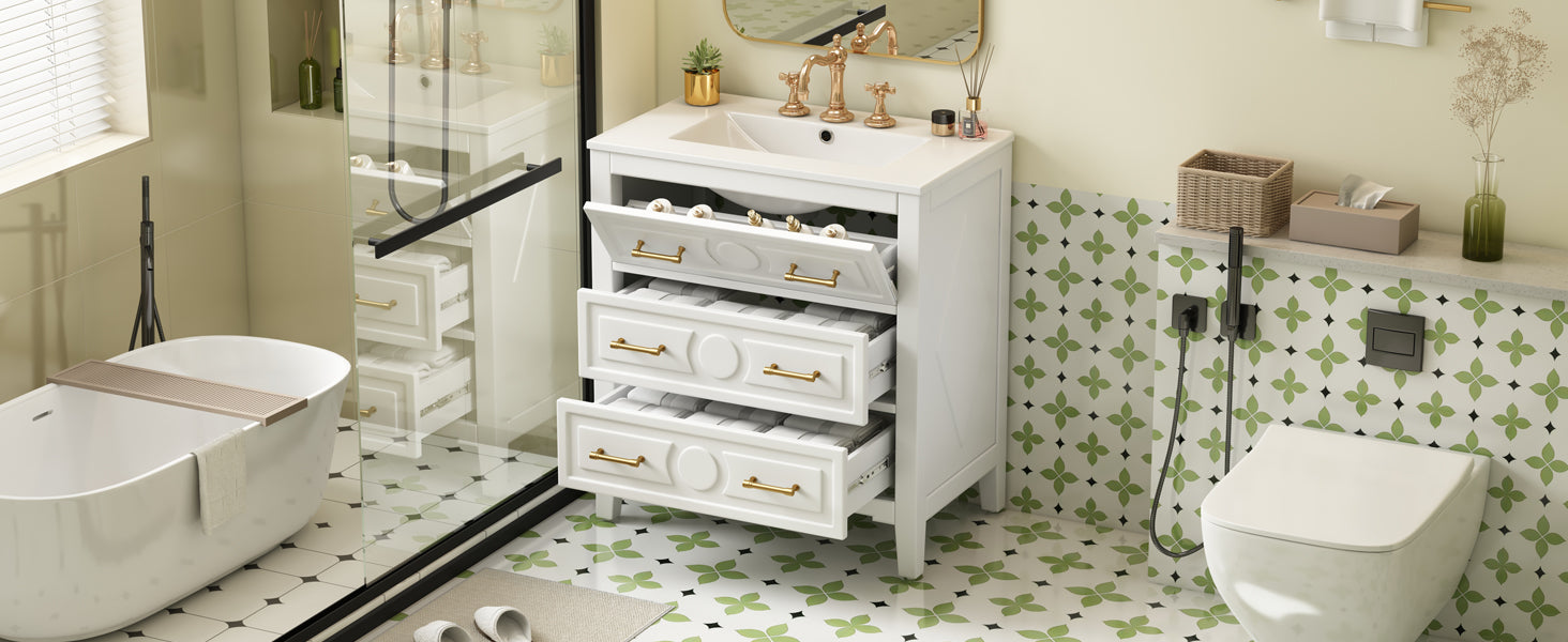 30 "Ceramic sink solid wood frame independent single dressing table set（white）