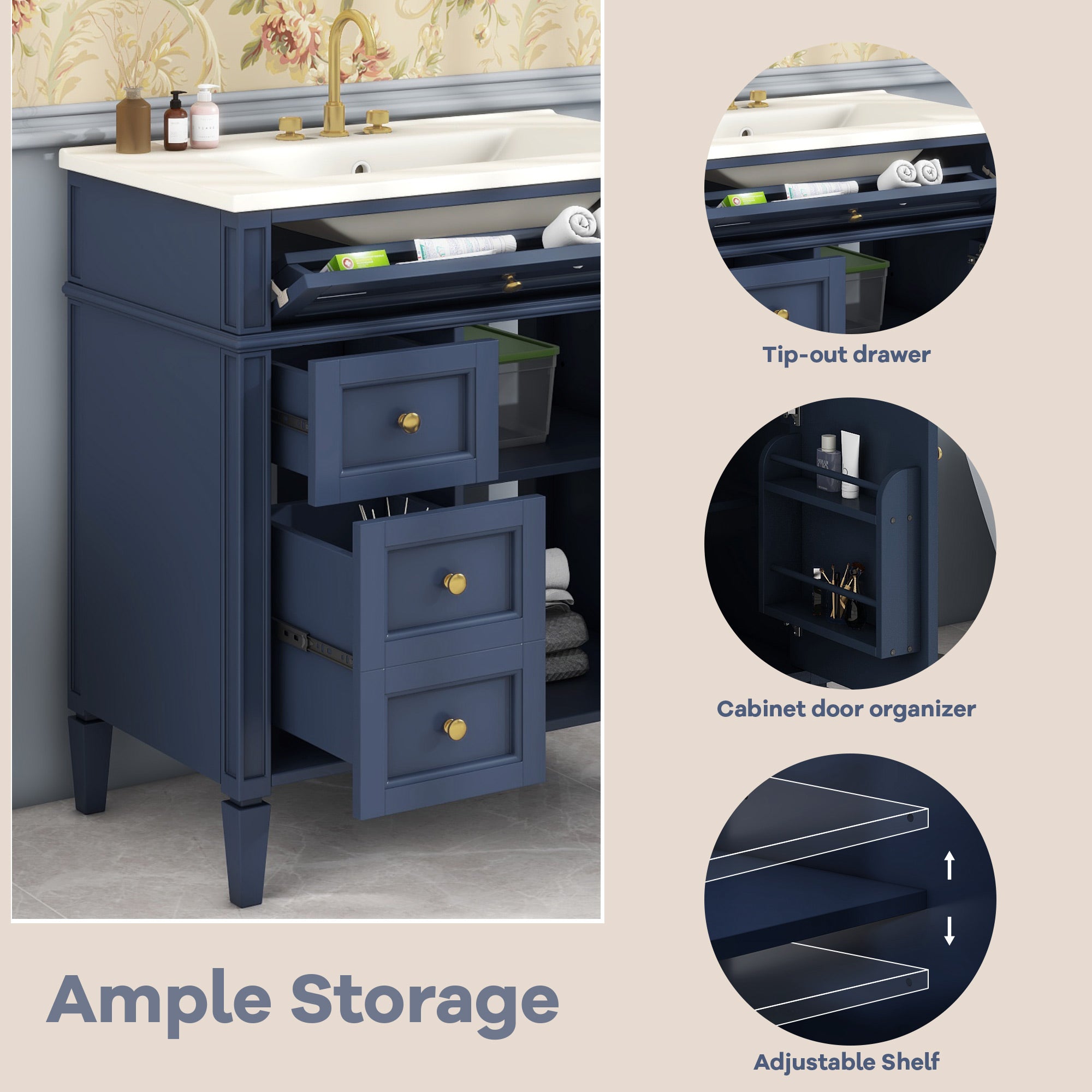 30 "Single sink bathroom dressing table, modern bathroom storage cabinet(blue)