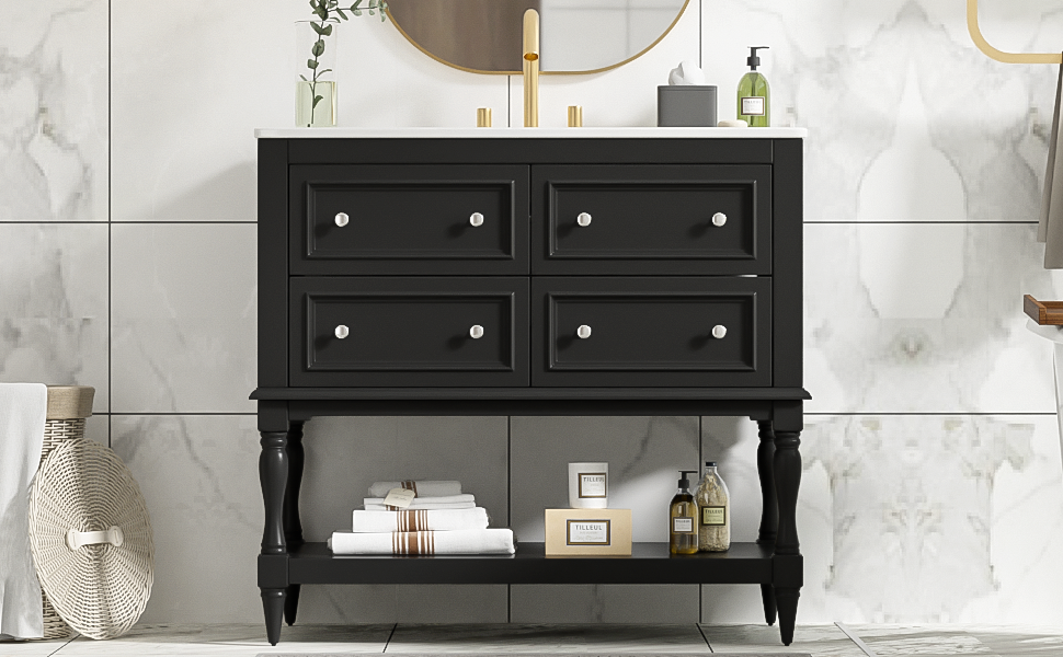 36' Solid Wood Frame Independent Dressing Table Set (black)