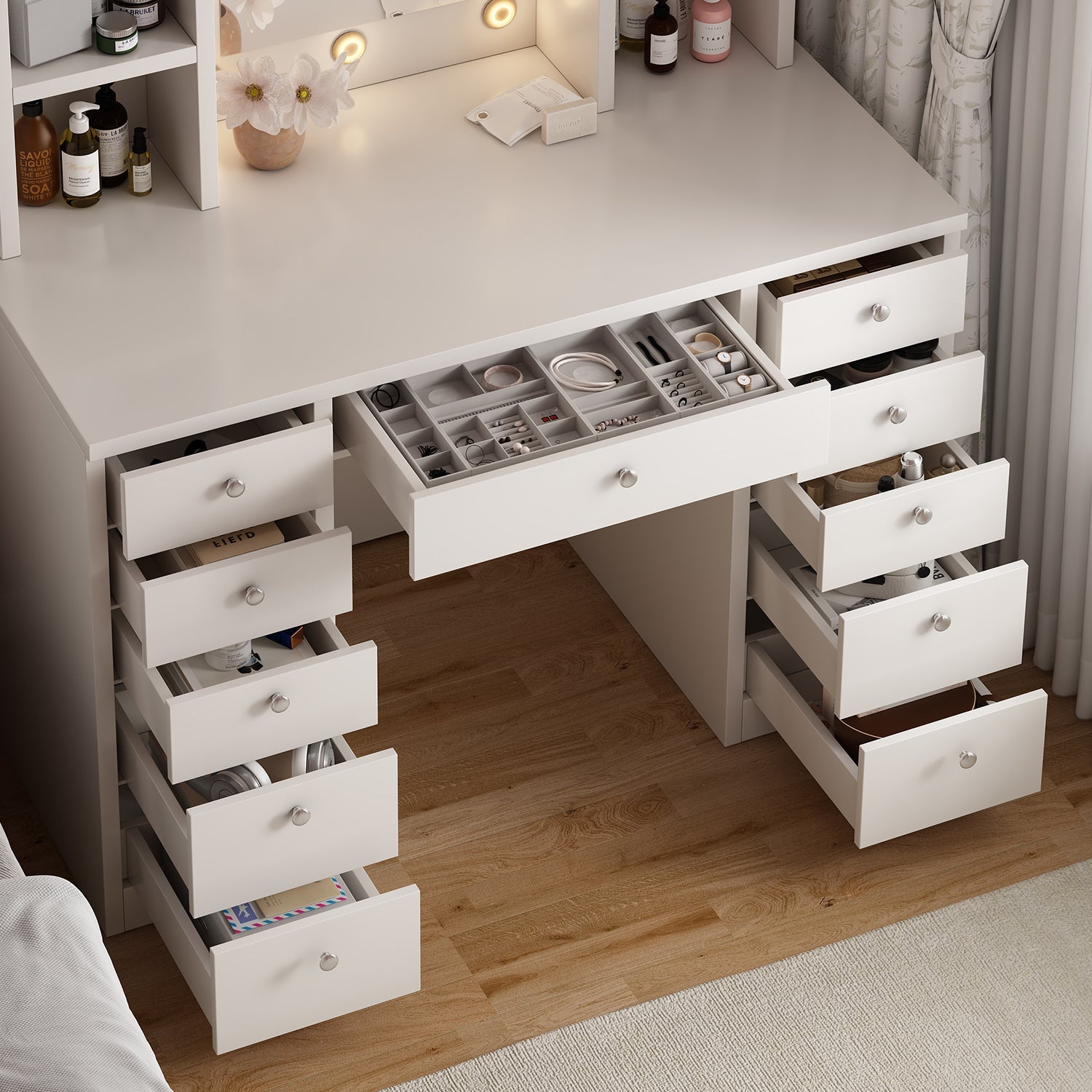 Dressing table and LED illuminated mirror, 11 drawers, adjustable lighting - KiKiUMi