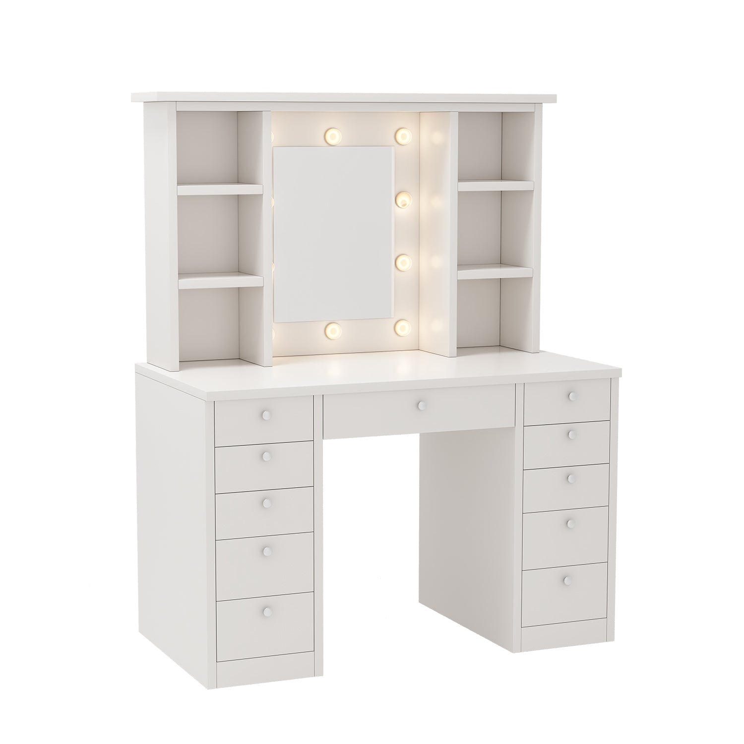 Dressing table and LED illuminated mirror, 11 drawers, adjustable lighting - KiKiUMi