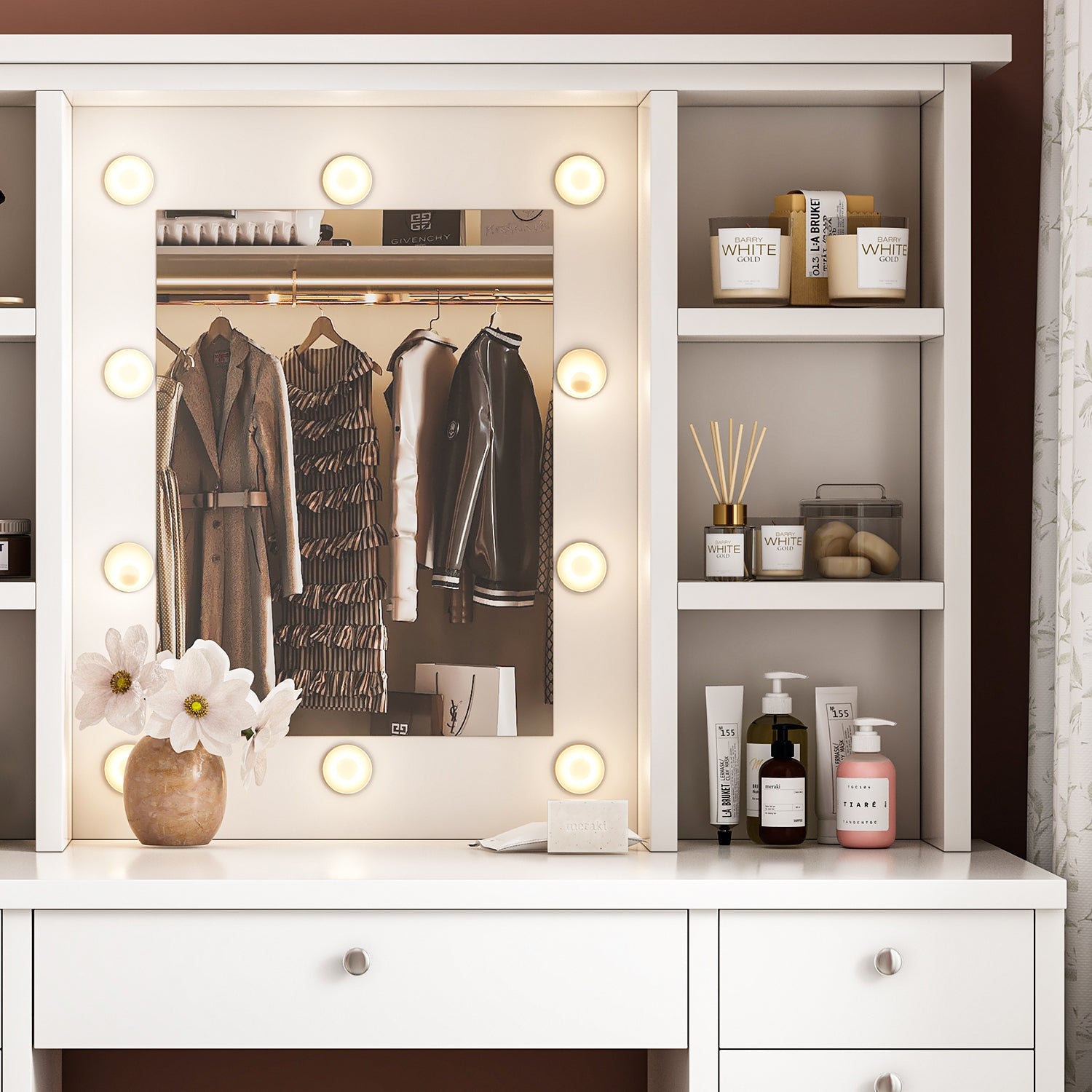 Dressing table and LED illuminated mirror, 11 drawers, adjustable lighting - KiKiUMi