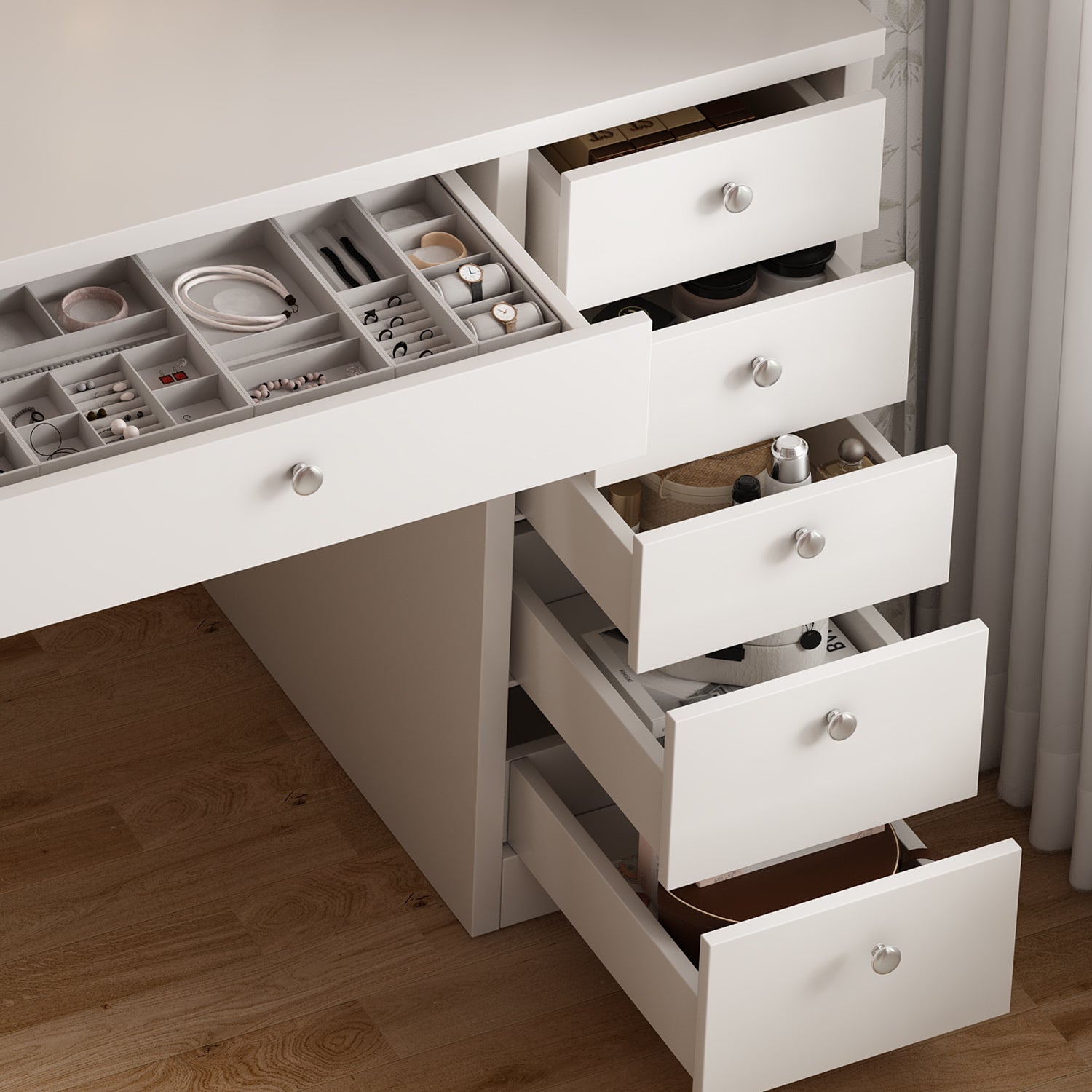 Dressing table and LED illuminated mirror, 11 drawers, adjustable lighting - KiKiUMi