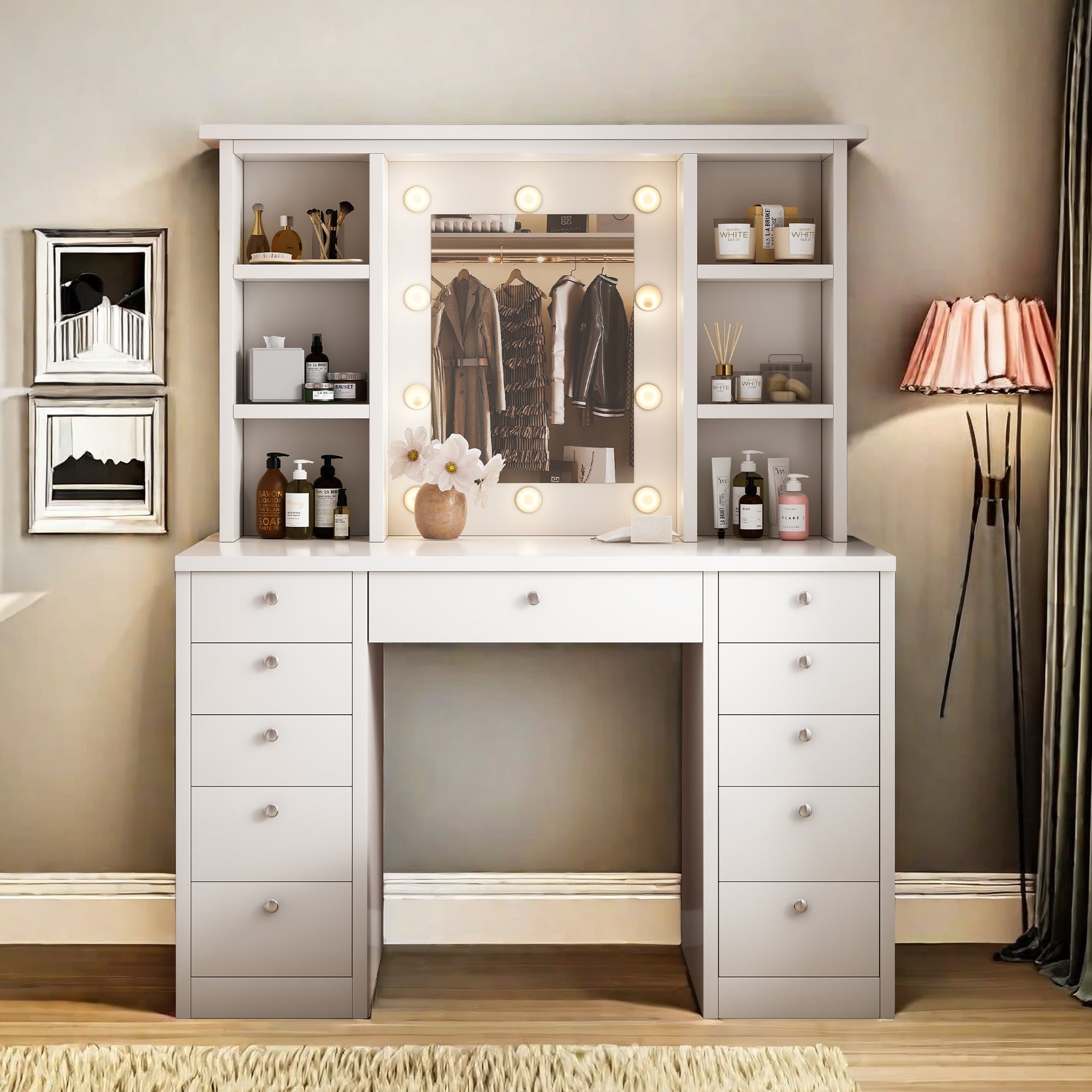 Dressing table and LED illuminated mirror, 11 drawers, adjustable lighting - KiKiUMi
