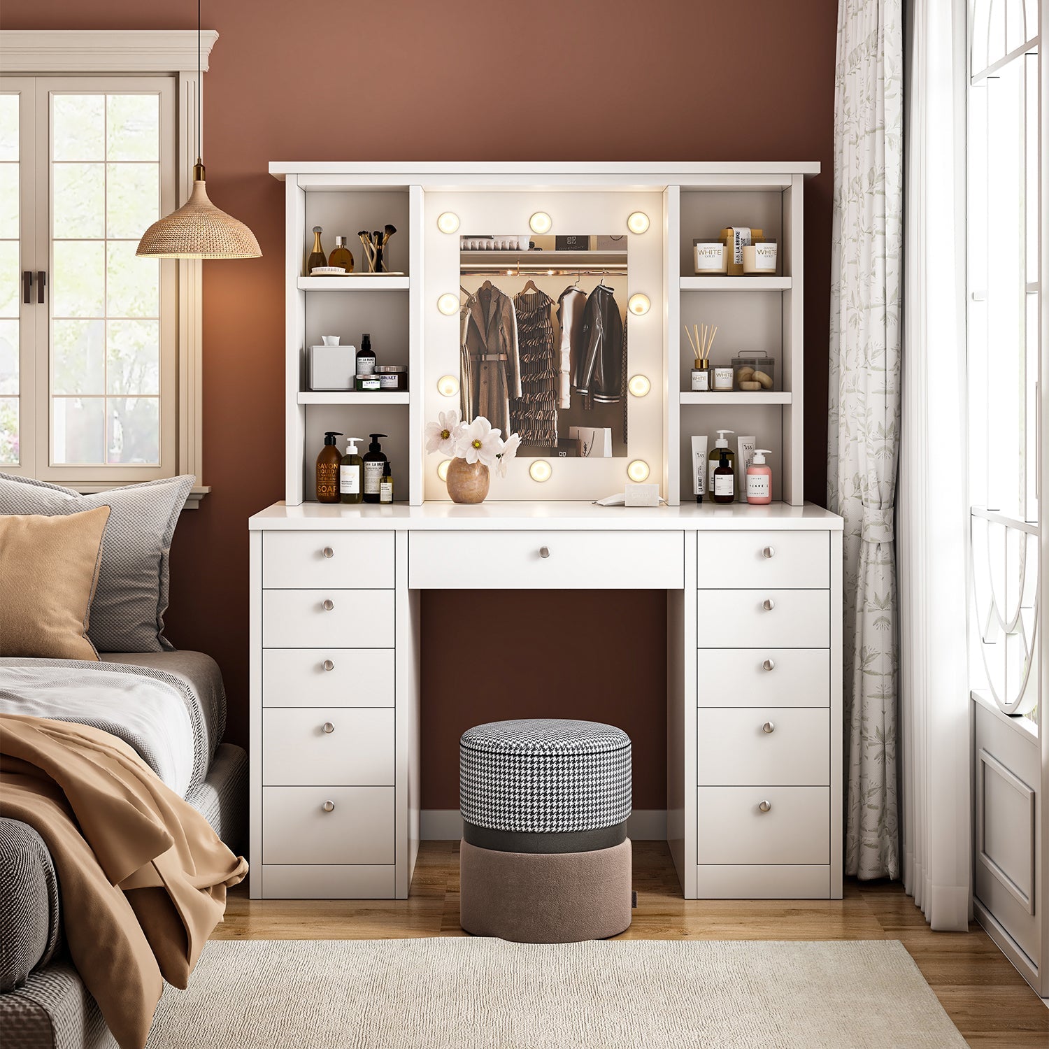 Dressing table and LED illuminated mirror, 11 drawers, adjustable lighting - KiKiUMi
