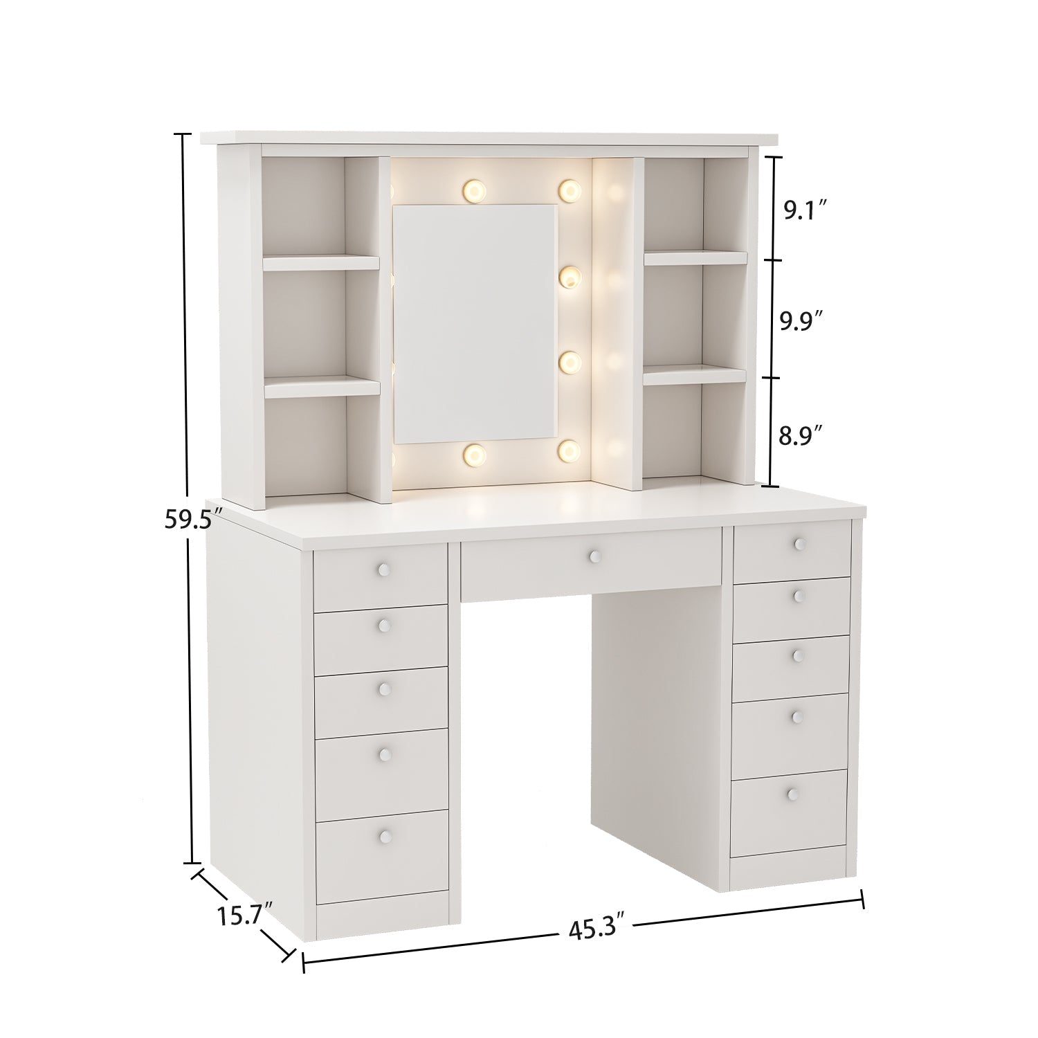 Dressing table and LED illuminated mirror, 11 drawers, adjustable lighting - KiKiUMi