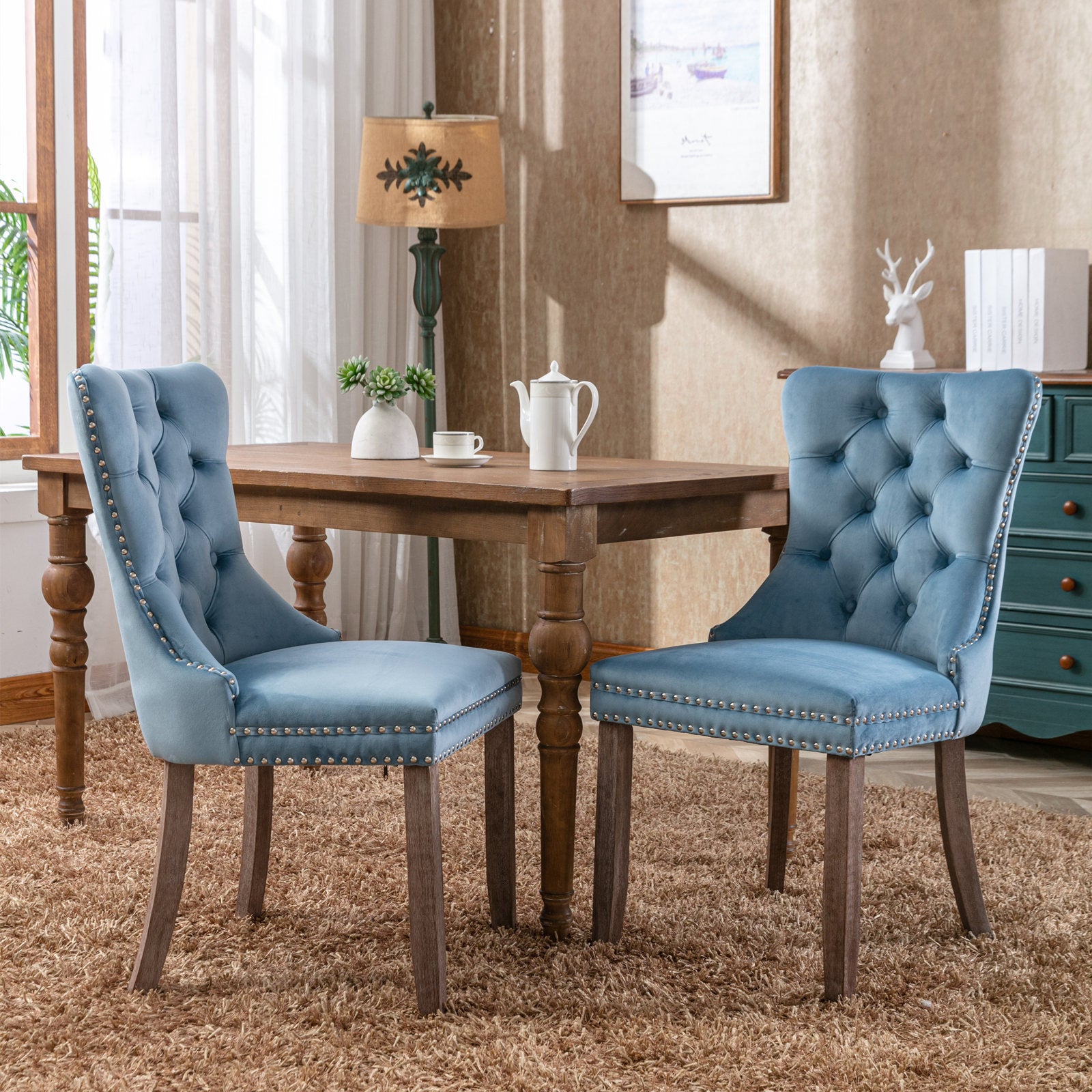 Two velvet cushioned bar stools (light blue)