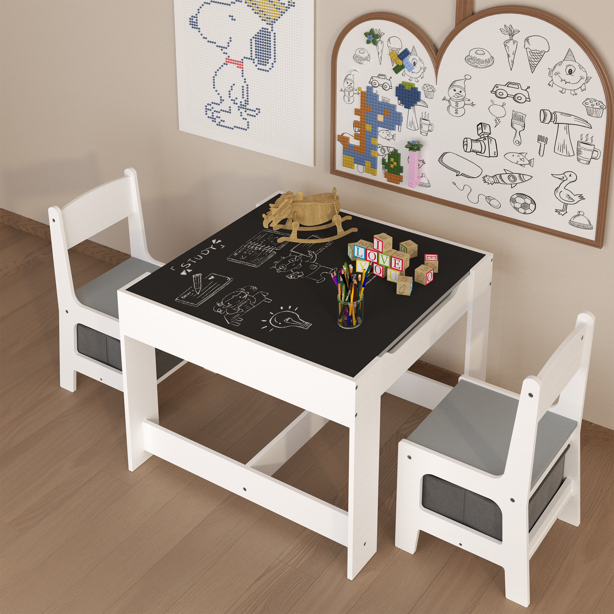 3-in-1 wooden children's table and chair set