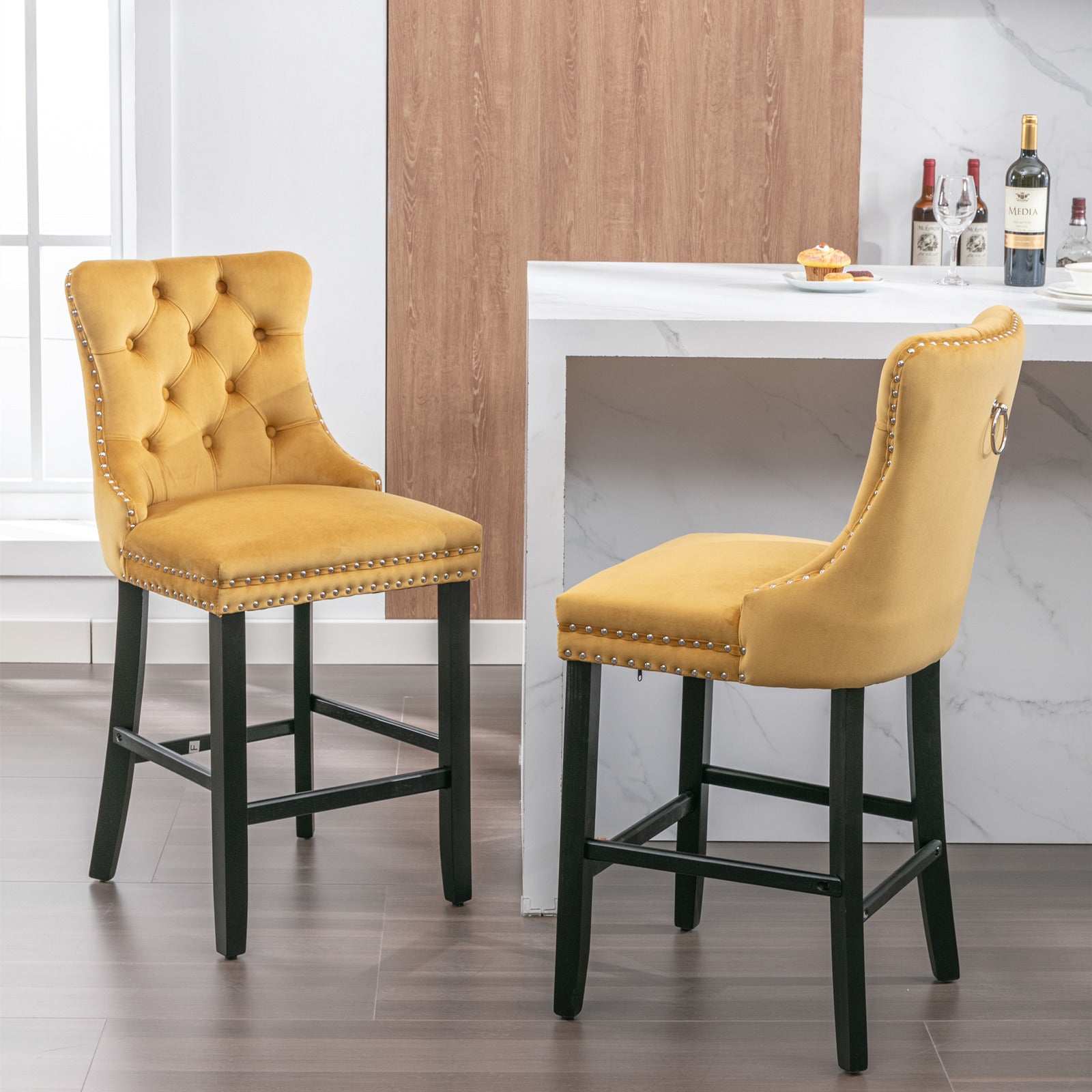 Two contemporary velvet upholstered bar stool(gold)