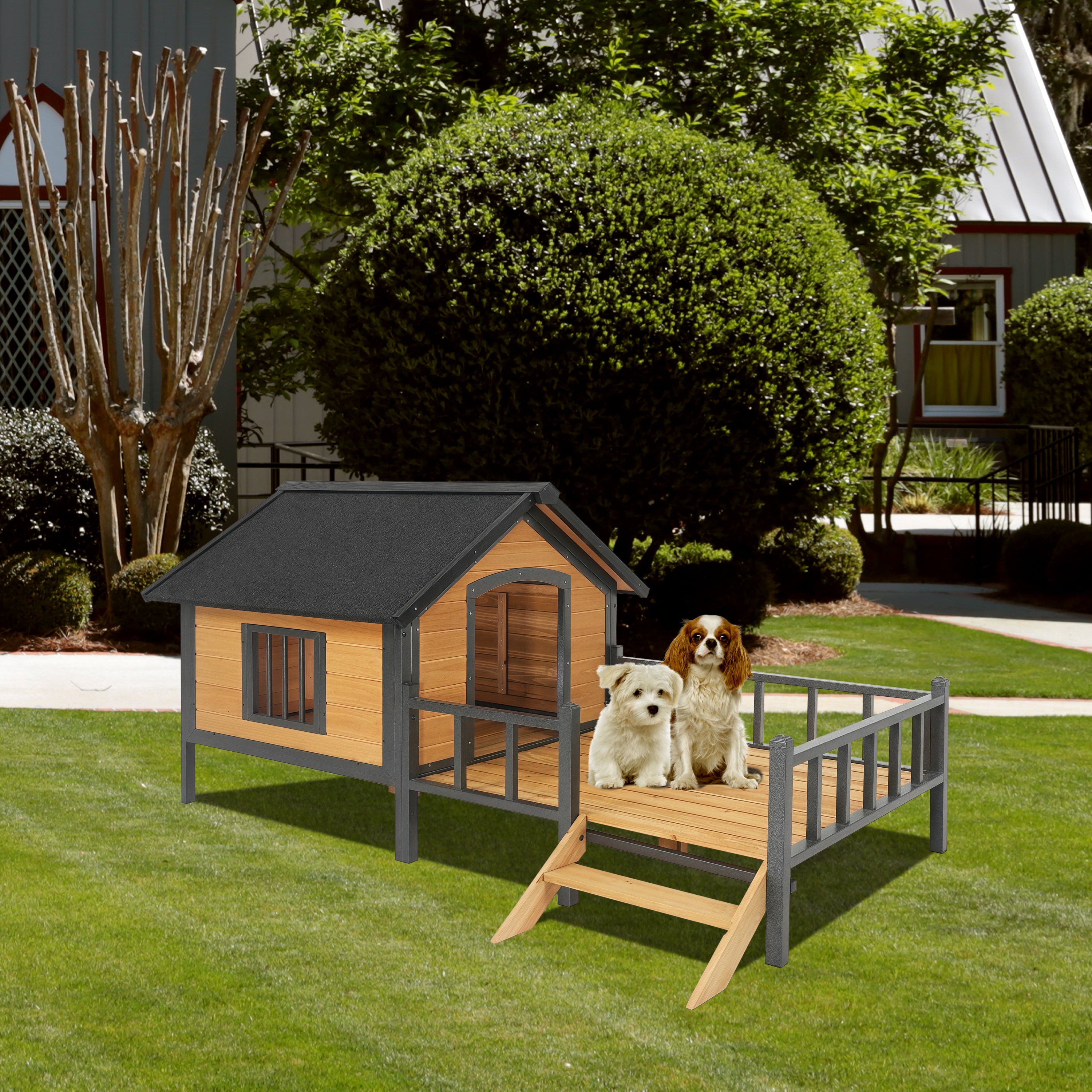 large outdoor wooden doghouse with a porch in the style of a wooden house