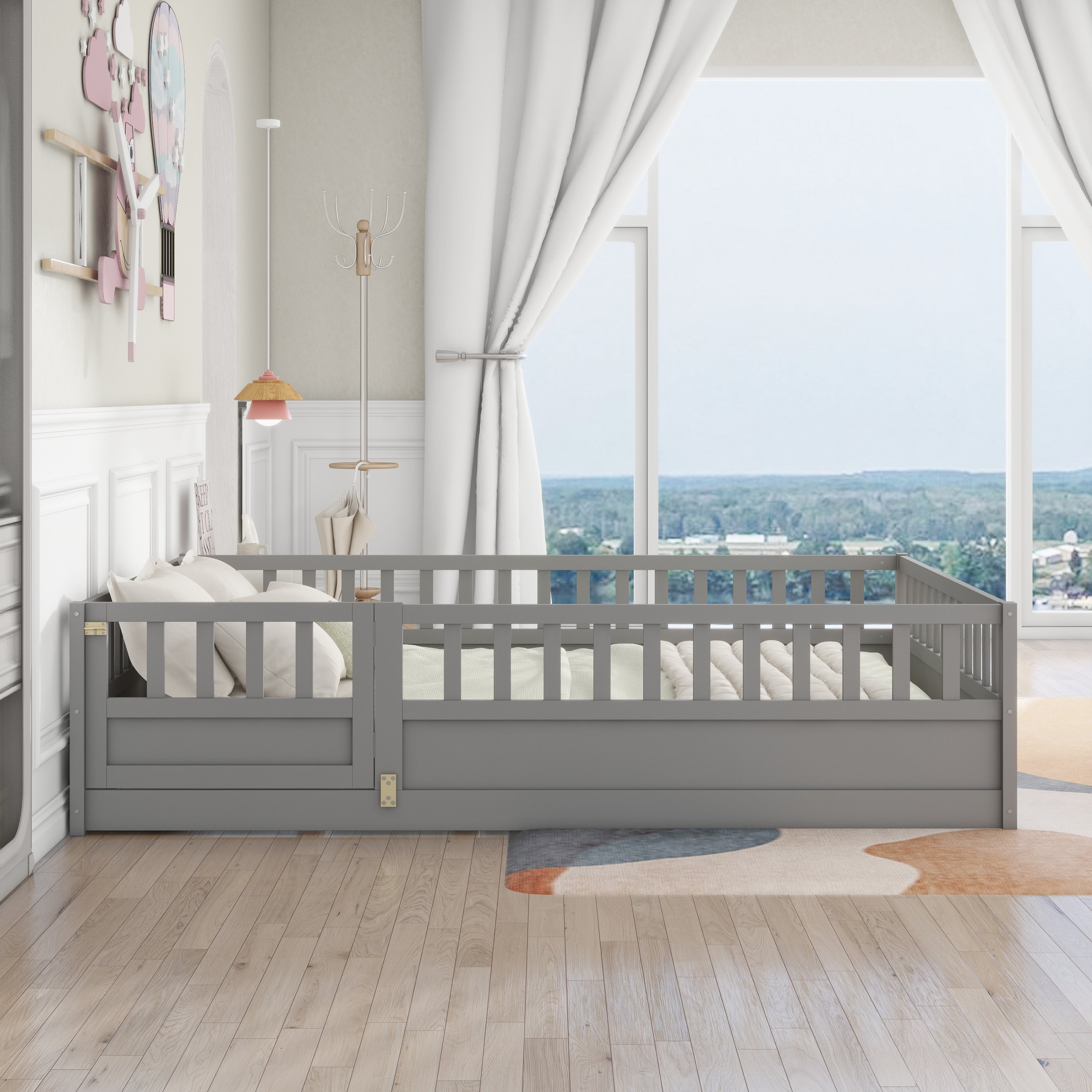 Grey wooden children's floor bed