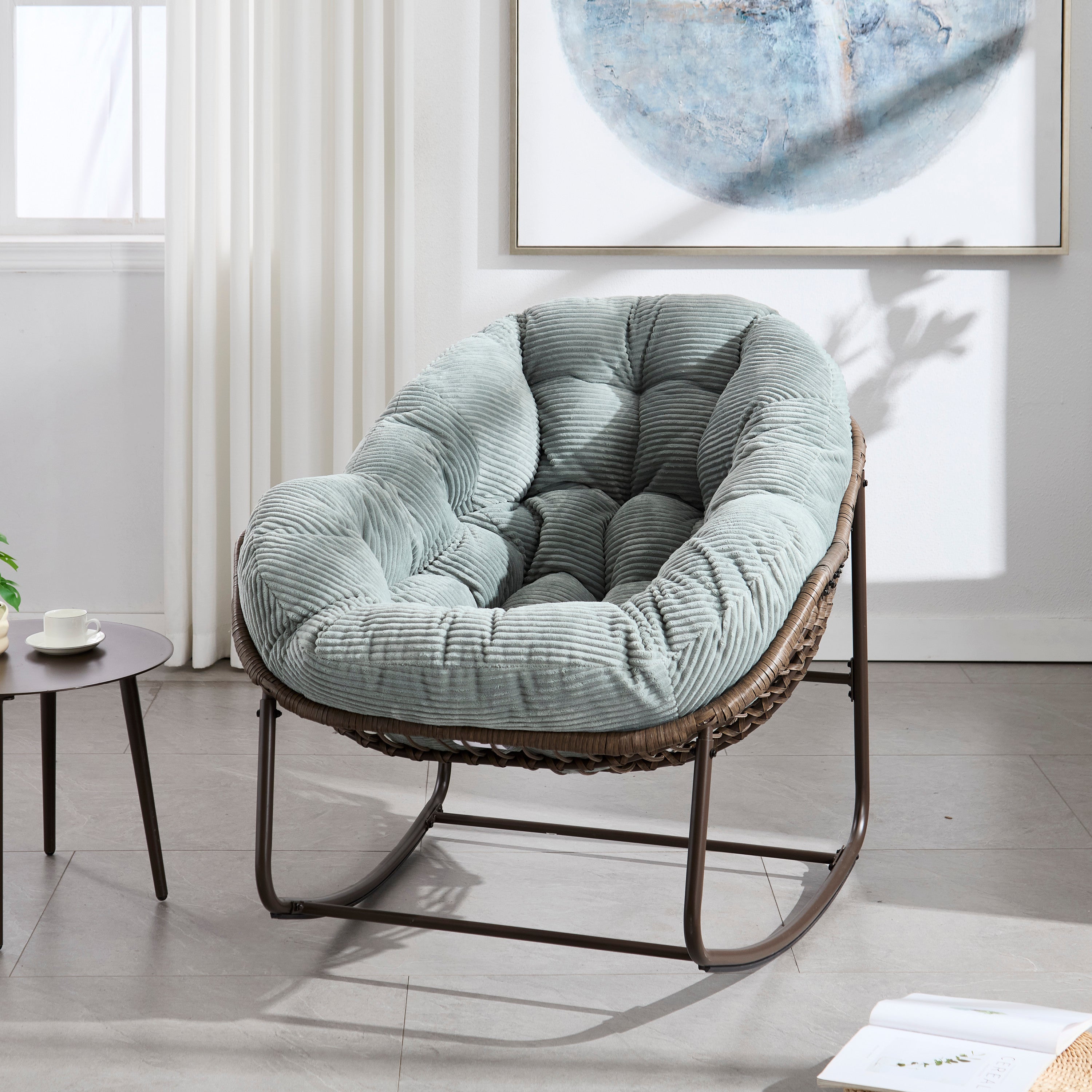 Light Green outdoor soft-padded rattan rocking chair and lounge chair
