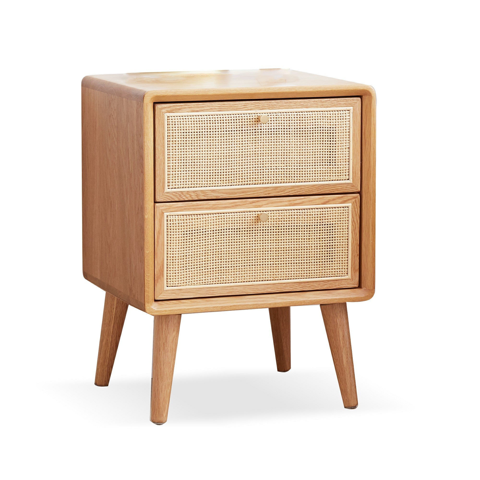 Solid Oak Nightstand with Handwoven Rattan