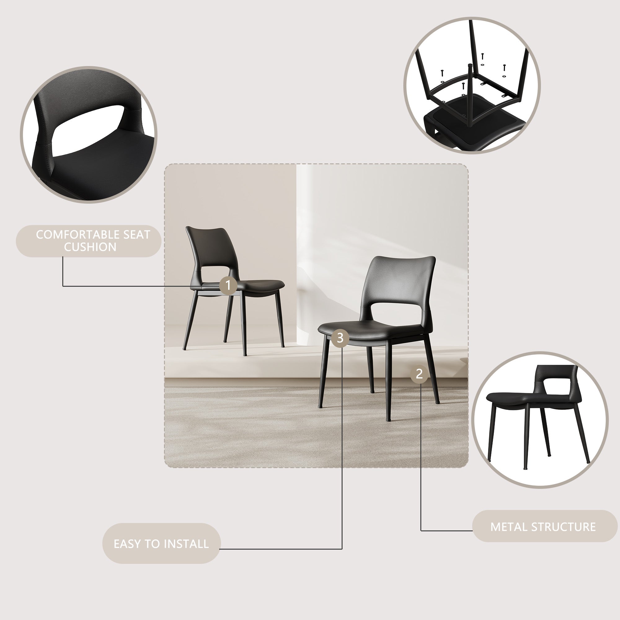 Two modern and simple PU leather dining chairs（black）
