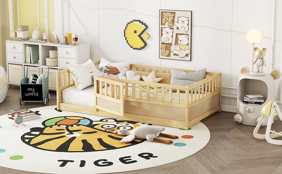 Natural wood support board, double Montessori wooden children's floor bed