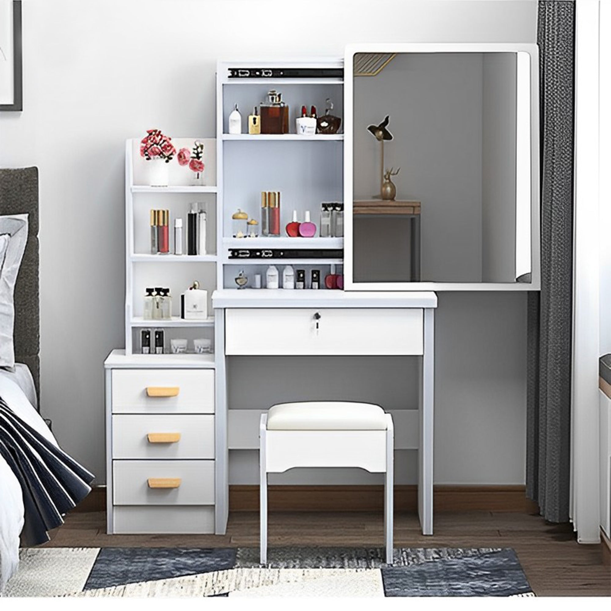 Fashionable dressing table with mirrors, makeup lamps and chairs