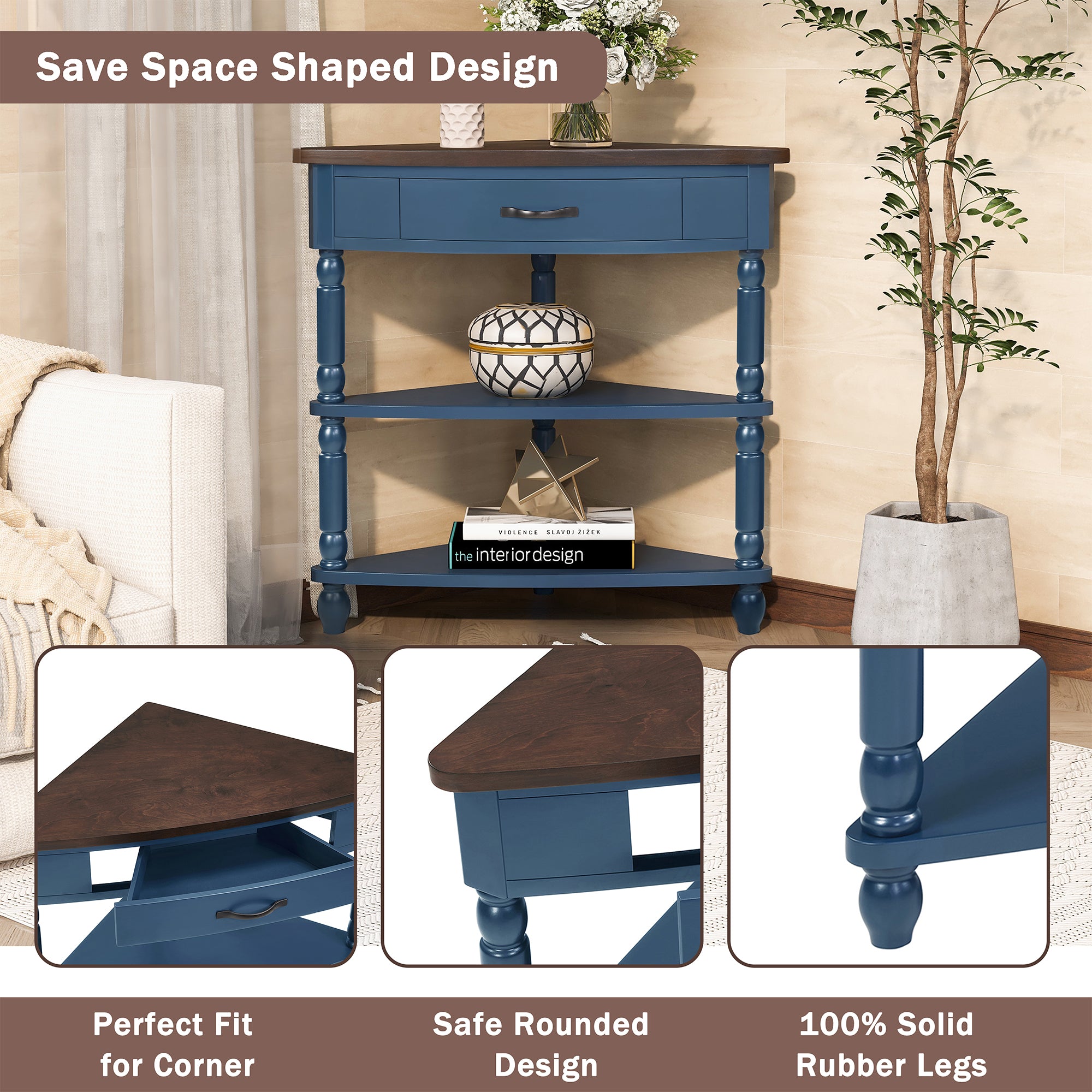Three-tiered small triangular corner tables(navy blue)
