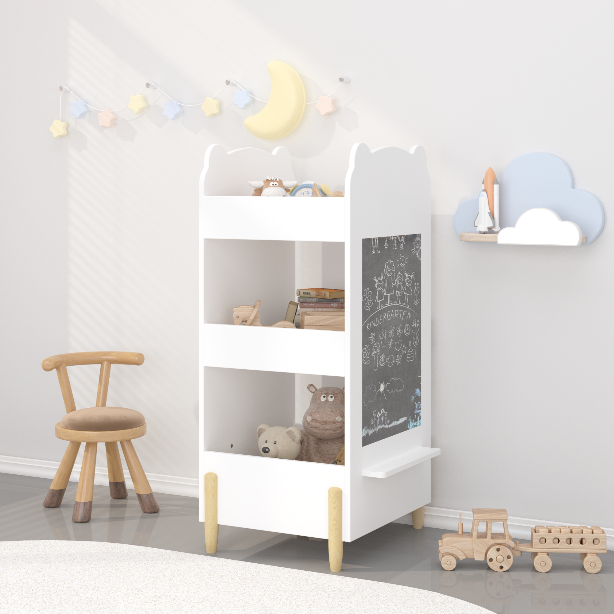 White three-layer bear-shaped wooden bookcase with a blackboard side