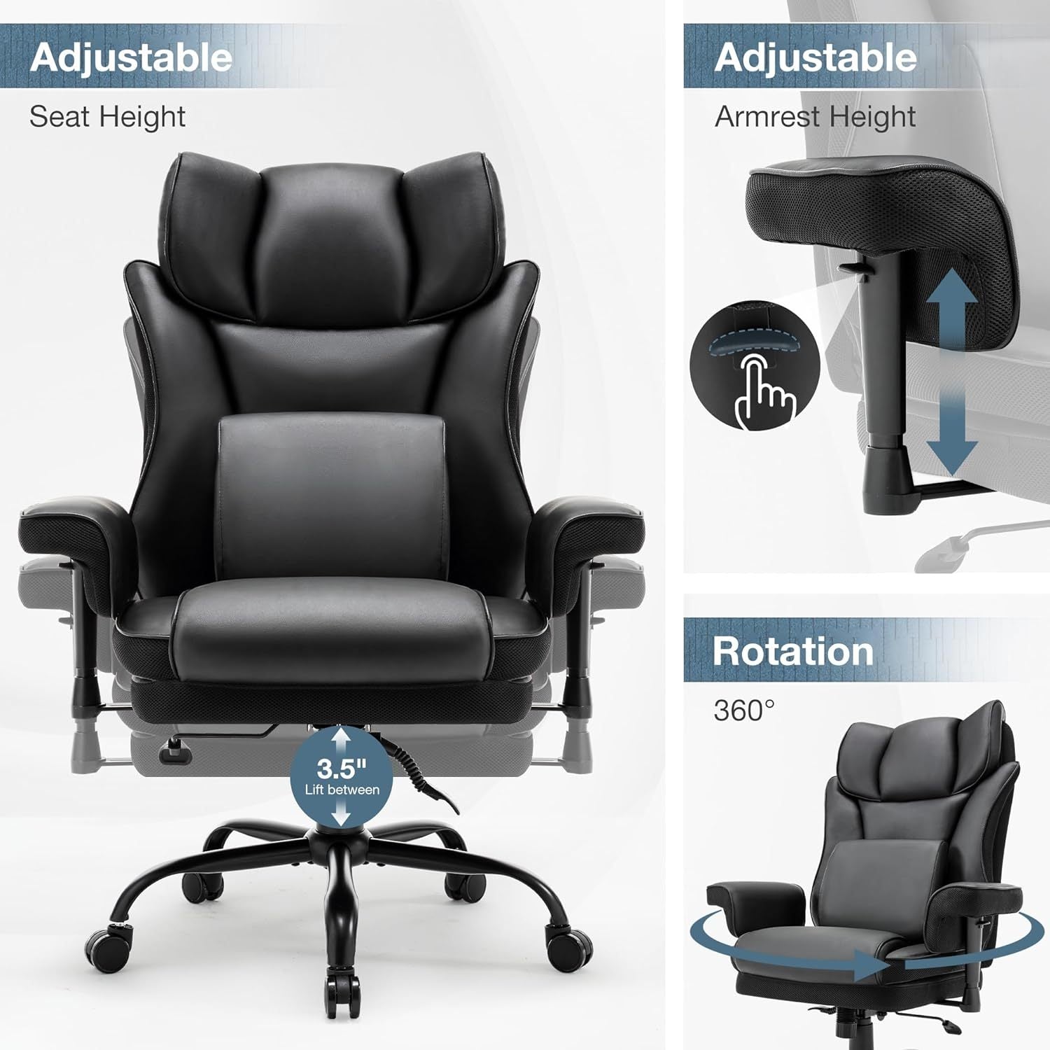 Ergonomic office chair with adjustable high backrest(black) - KiKiUMi