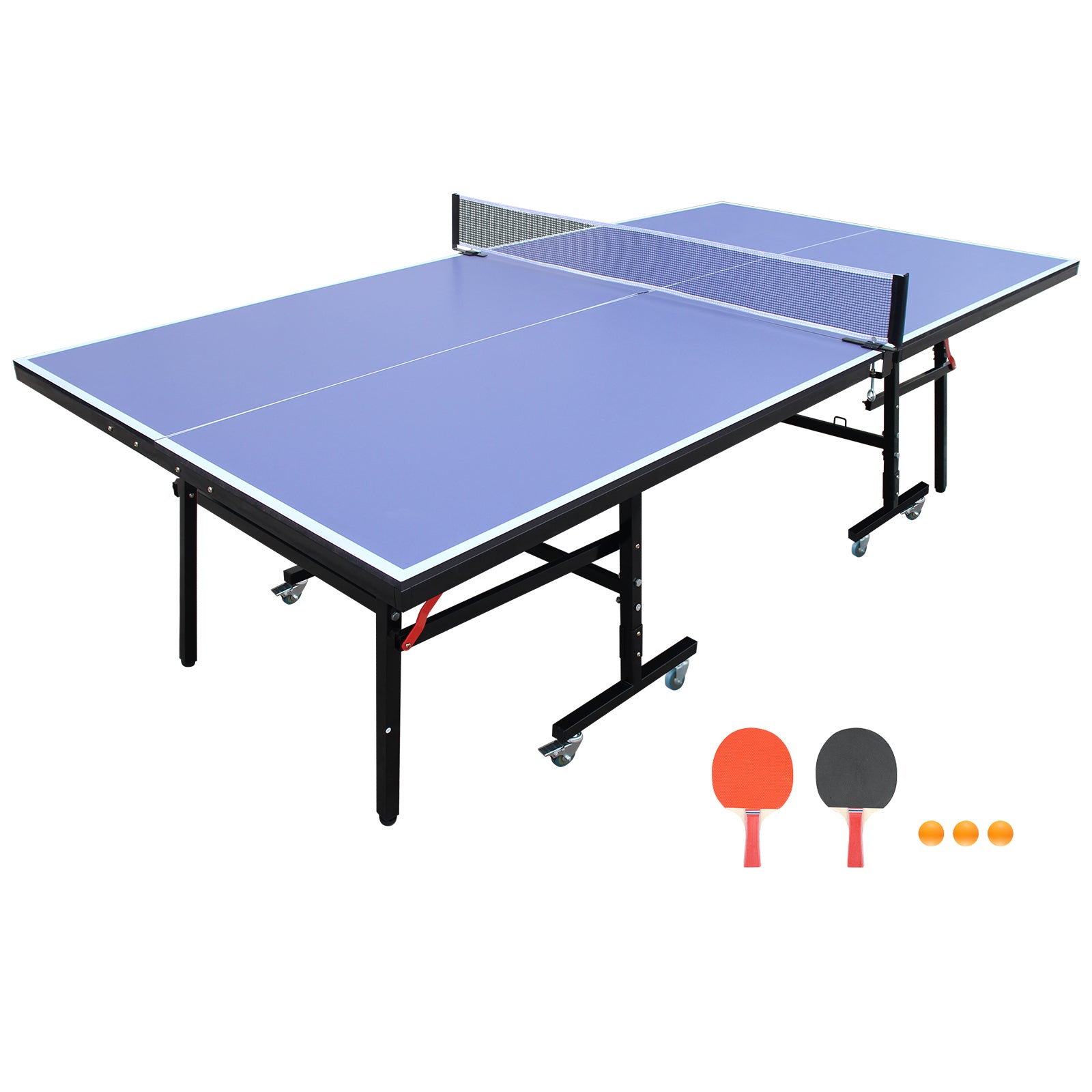 8ft Mid-Size Table Tennis Table Foldable & Portable Ping Pong Table Set for Indoor Games with Net, 2 Table Tennis Paddles and 3 Balls 89 lbs