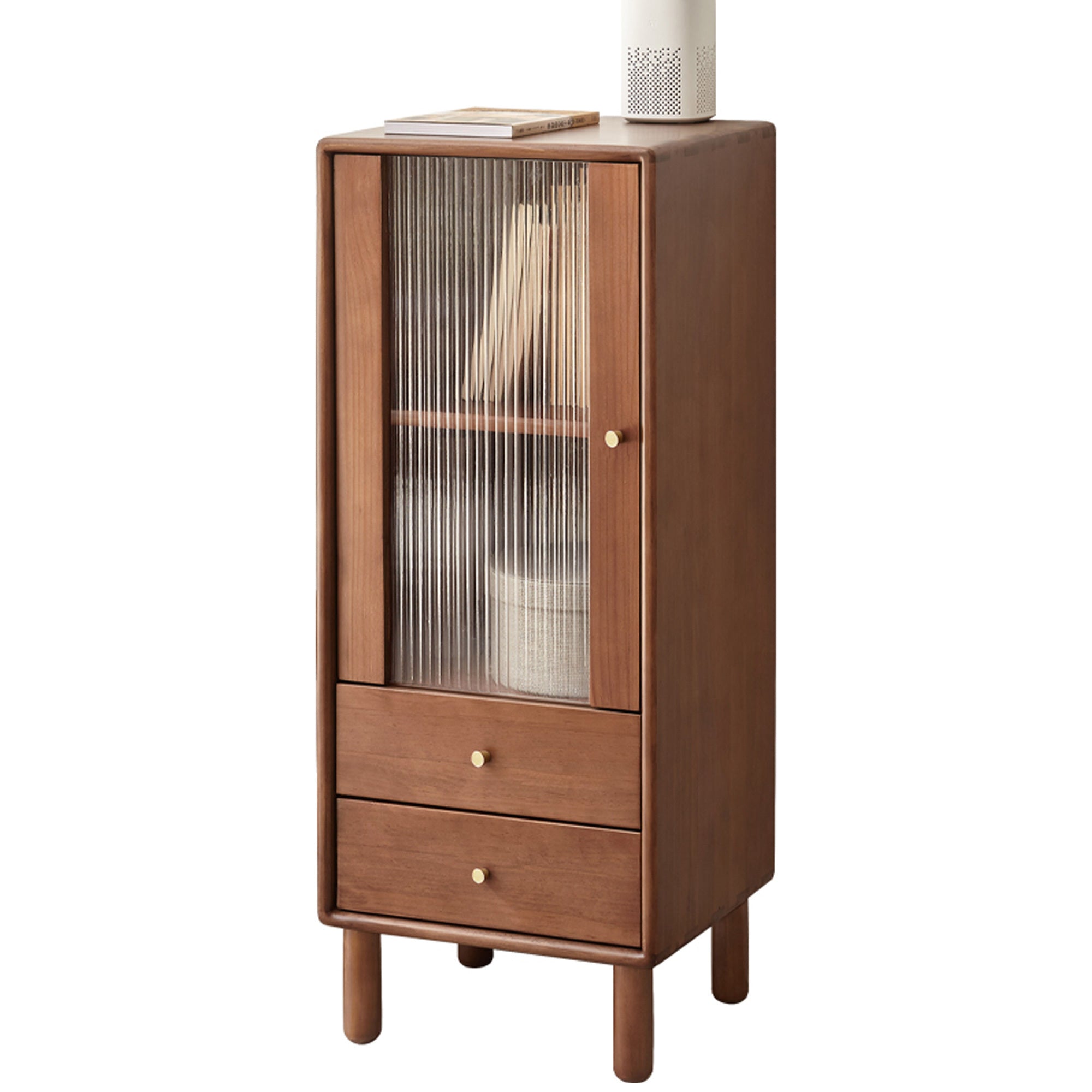 Walnut Small Storage Cabinet with Glass Doors
