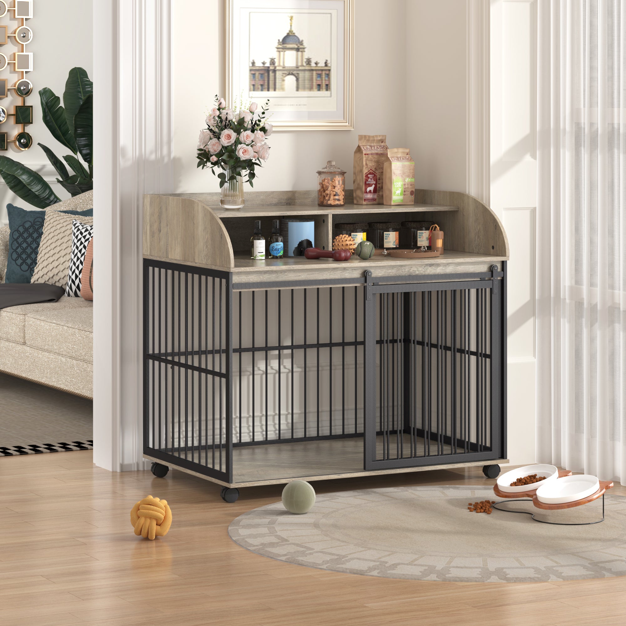 Large grey dog crate furniture