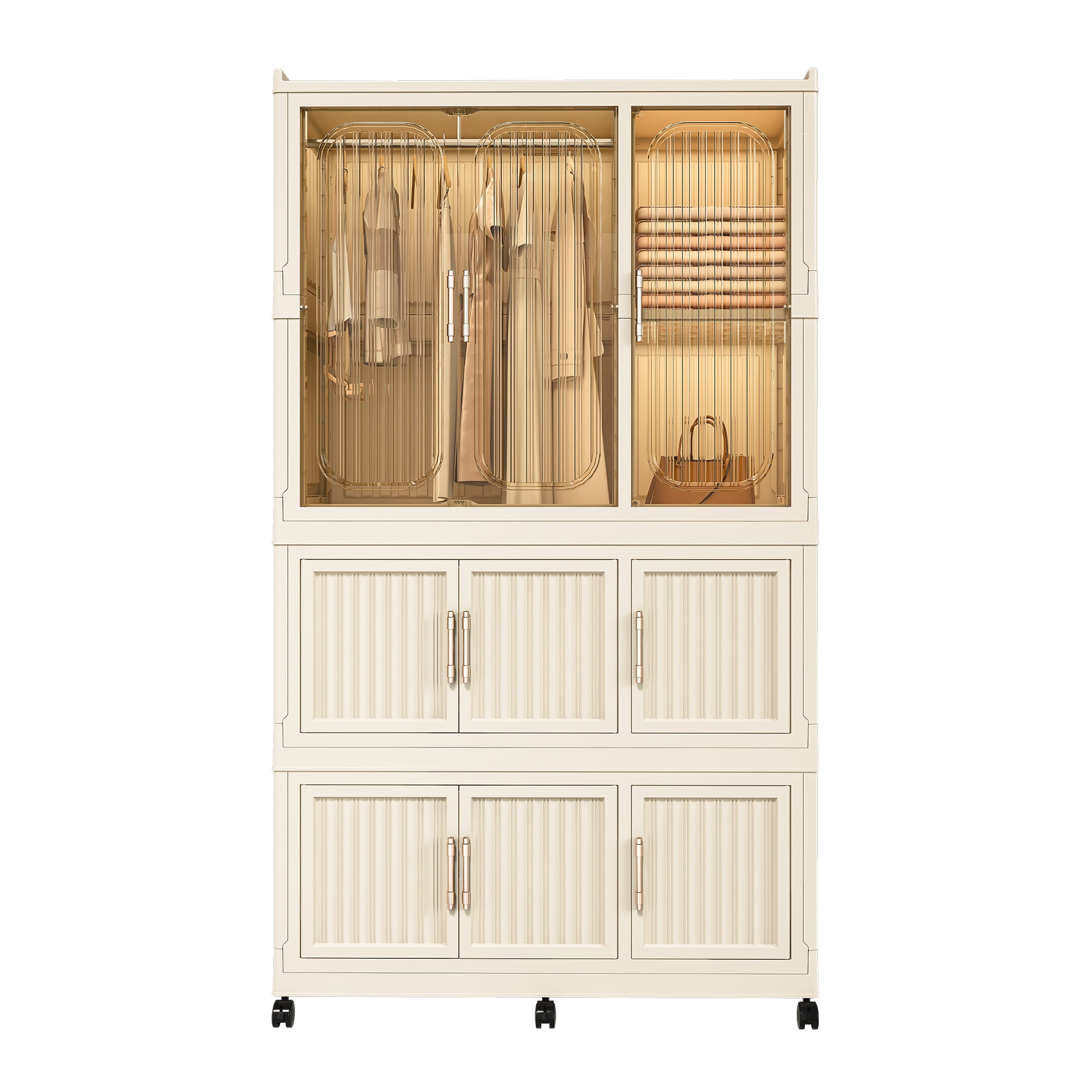 Beige portable wardrobe storage device