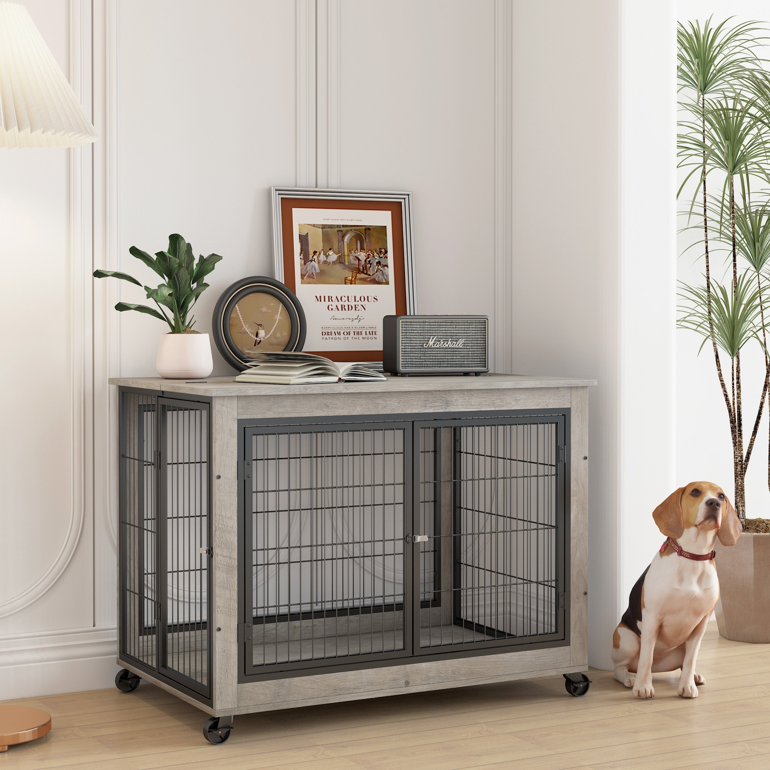 Dog box side table in the style of grey furniture