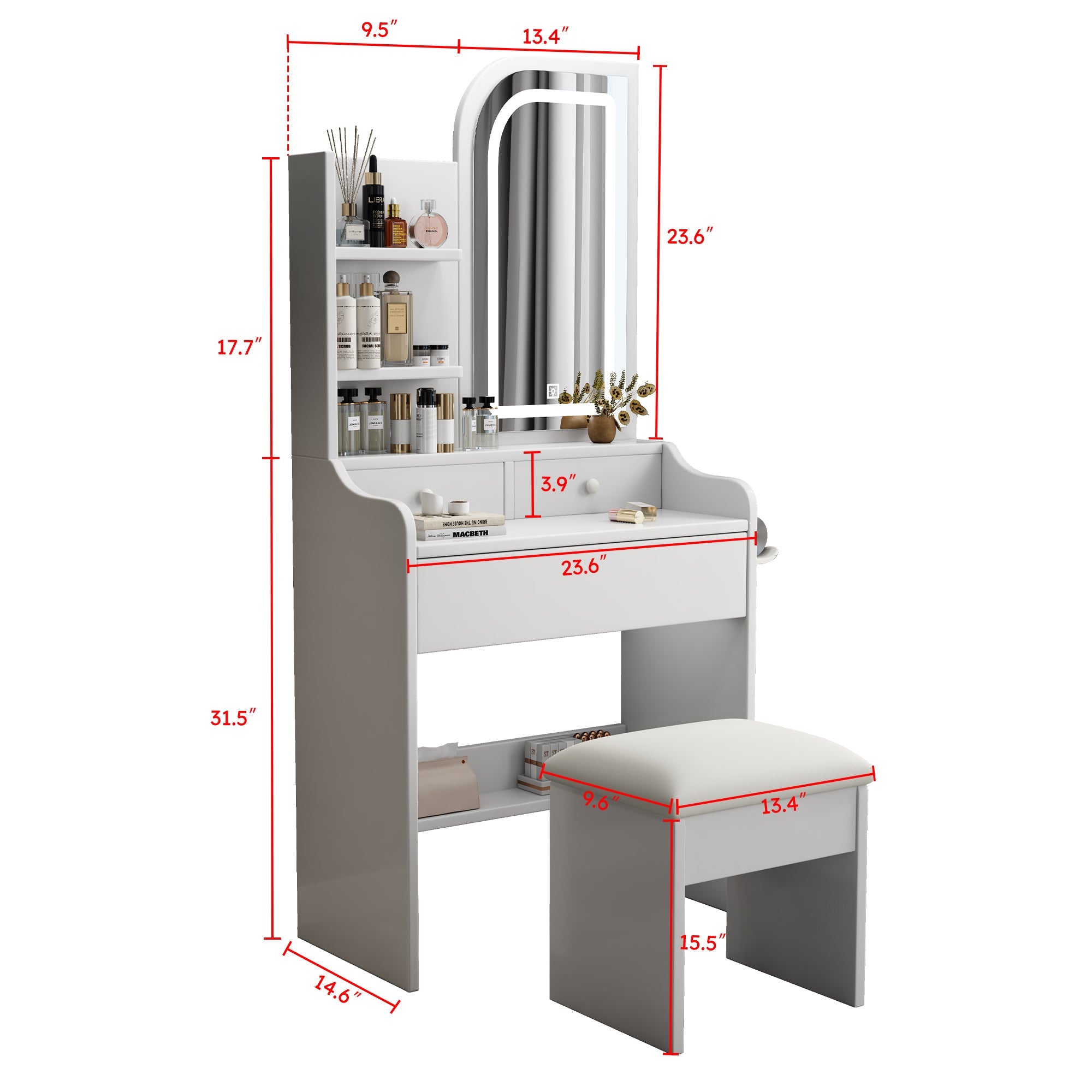 Fashionable dressing table with mirror and makeup lamp, hair dryer and chair, adjustable lighting - KiKiUMi