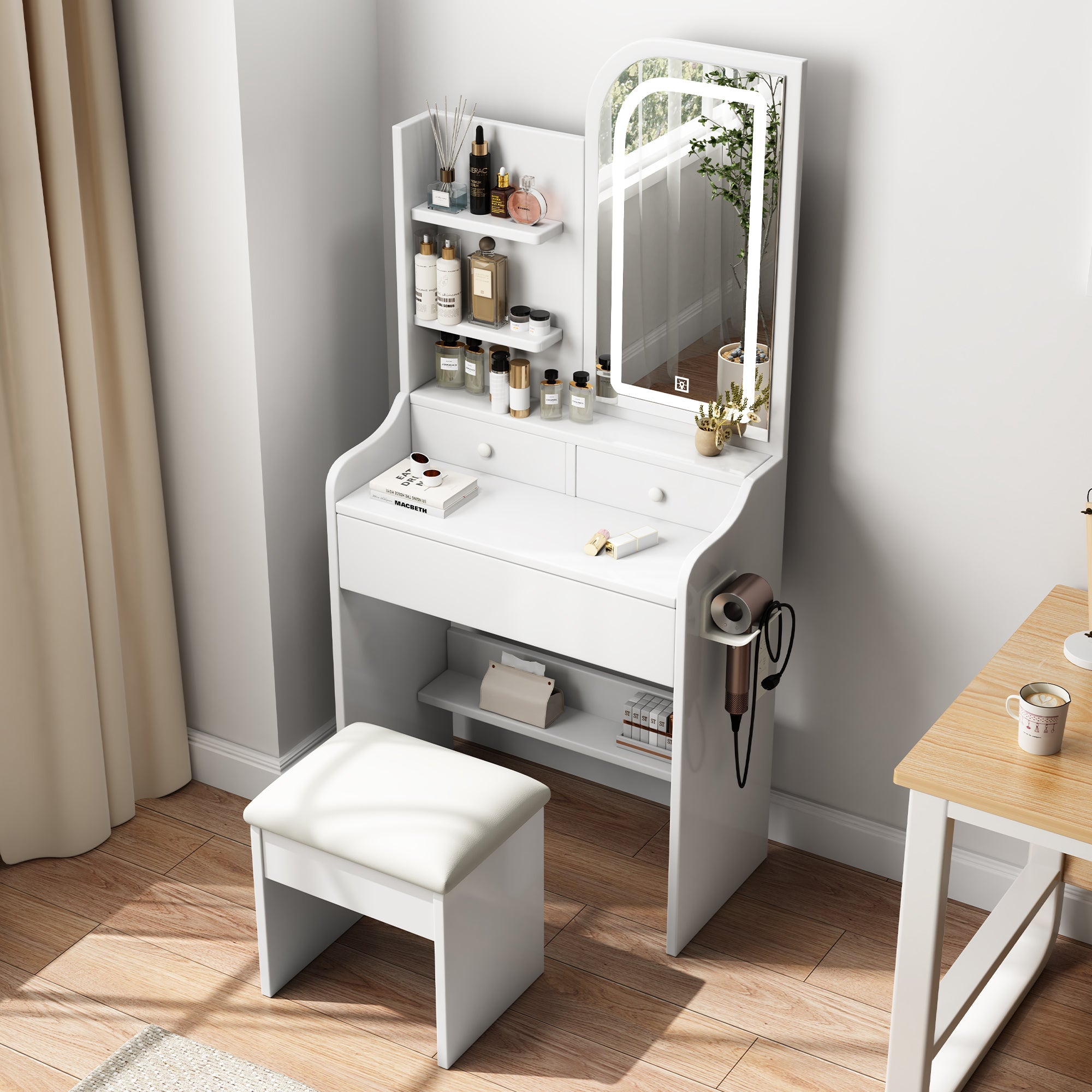 Fashionable dressing table with mirror and makeup lamp, hair dryer and chair, adjustable lighting - KiKiUMi