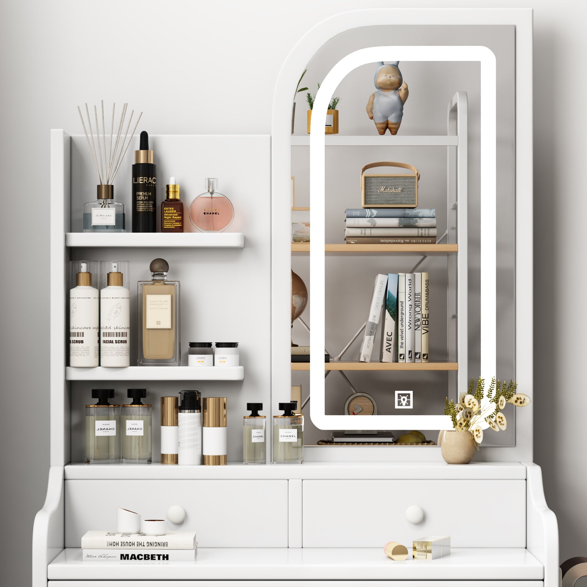 Fashionable dressing table with mirror and makeup lamp, hair dryer and chair, adjustable lighting - KiKiUMi