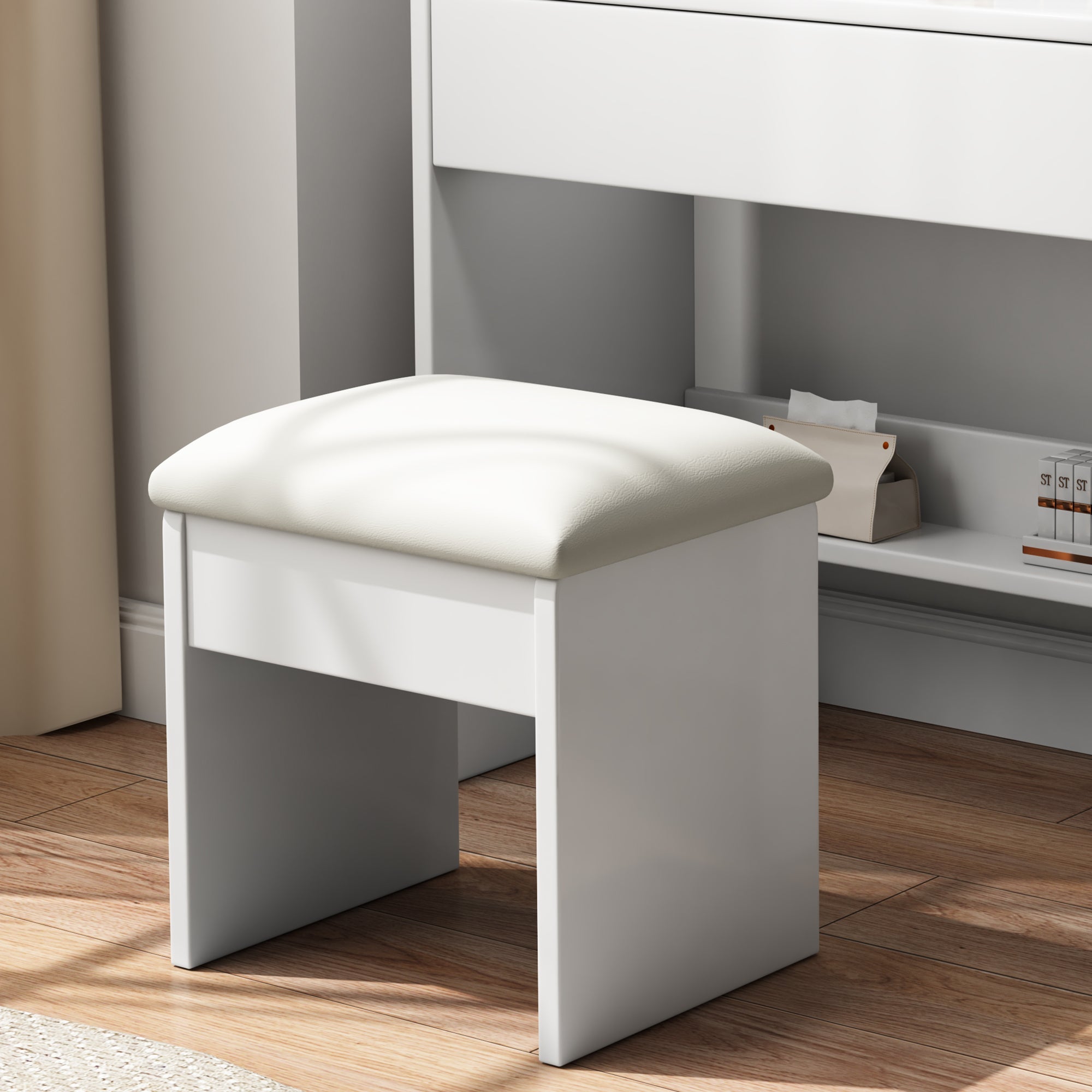Fashionable dressing table with mirror and makeup lamp, hair dryer and chair, adjustable lighting - KiKiUMi