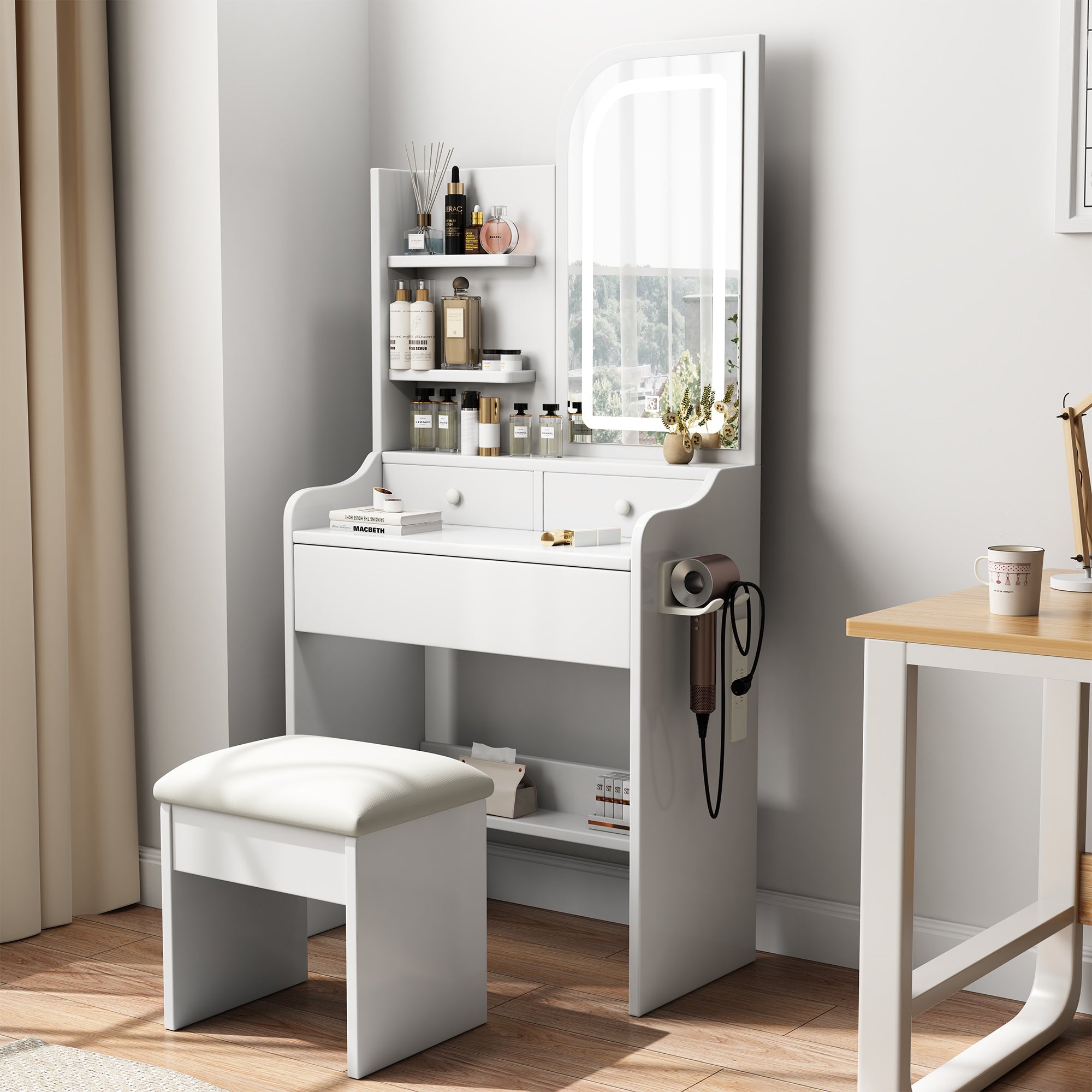 Fashionable dressing table with mirror and makeup lamp, hair dryer and chair, adjustable lighting - KiKiUMi