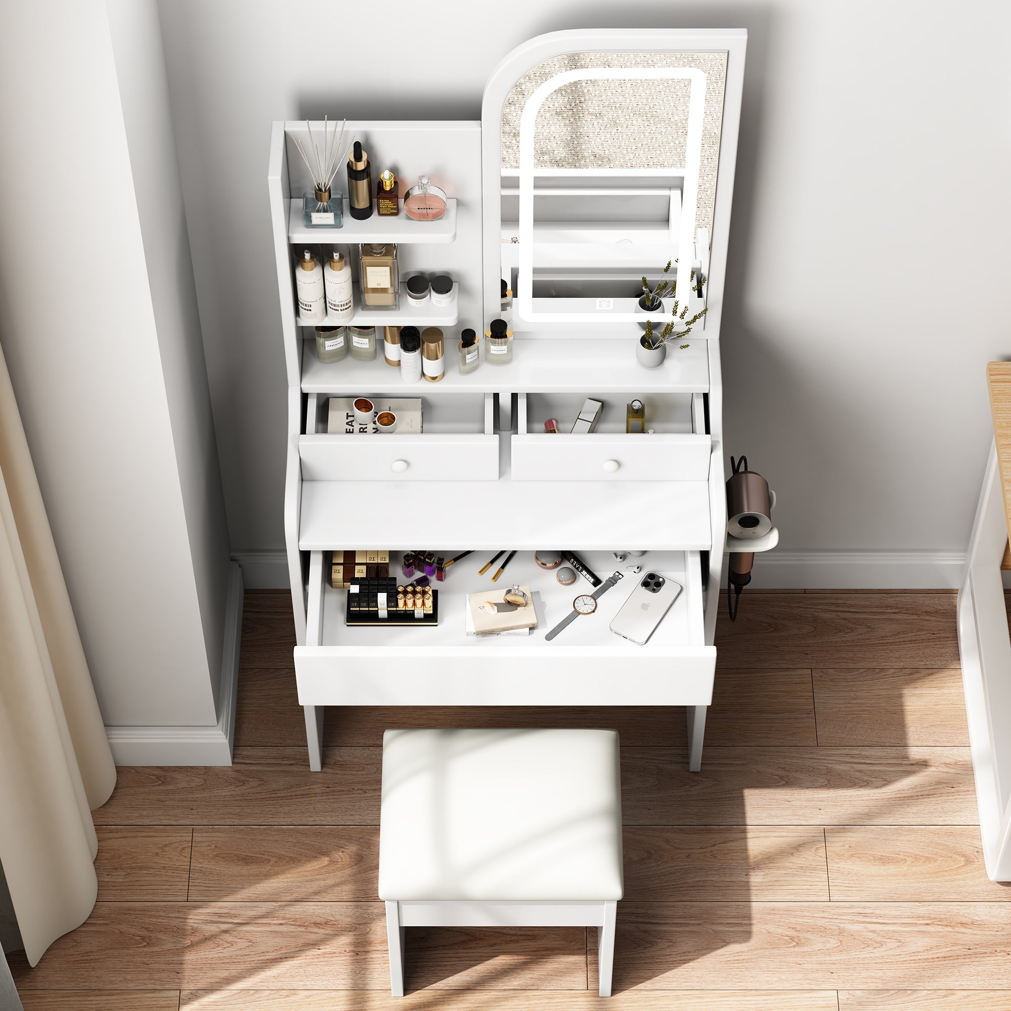 Fashionable dressing table with mirror and makeup lamp, hair dryer and chair, adjustable lighting - KiKiUMi