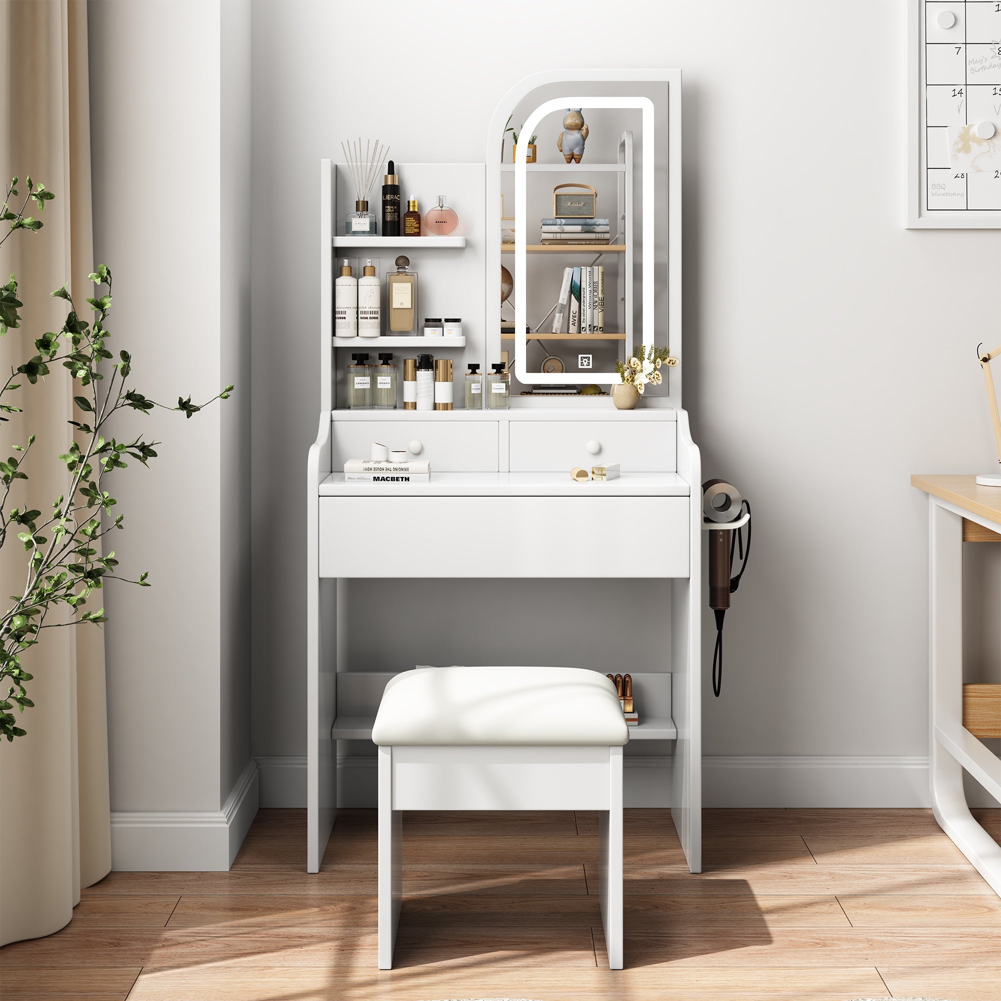 Fashionable dressing table with mirror and makeup lamp, hair dryer and chair, adjustable lighting - KiKiUMi