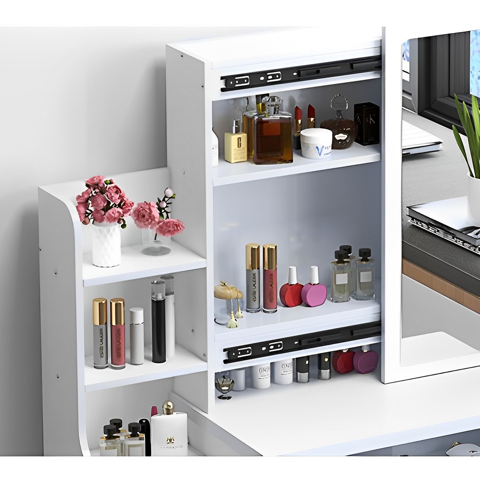 Fashionable dressing table with mirrors, makeup lamps and chairs - KiKiUMi