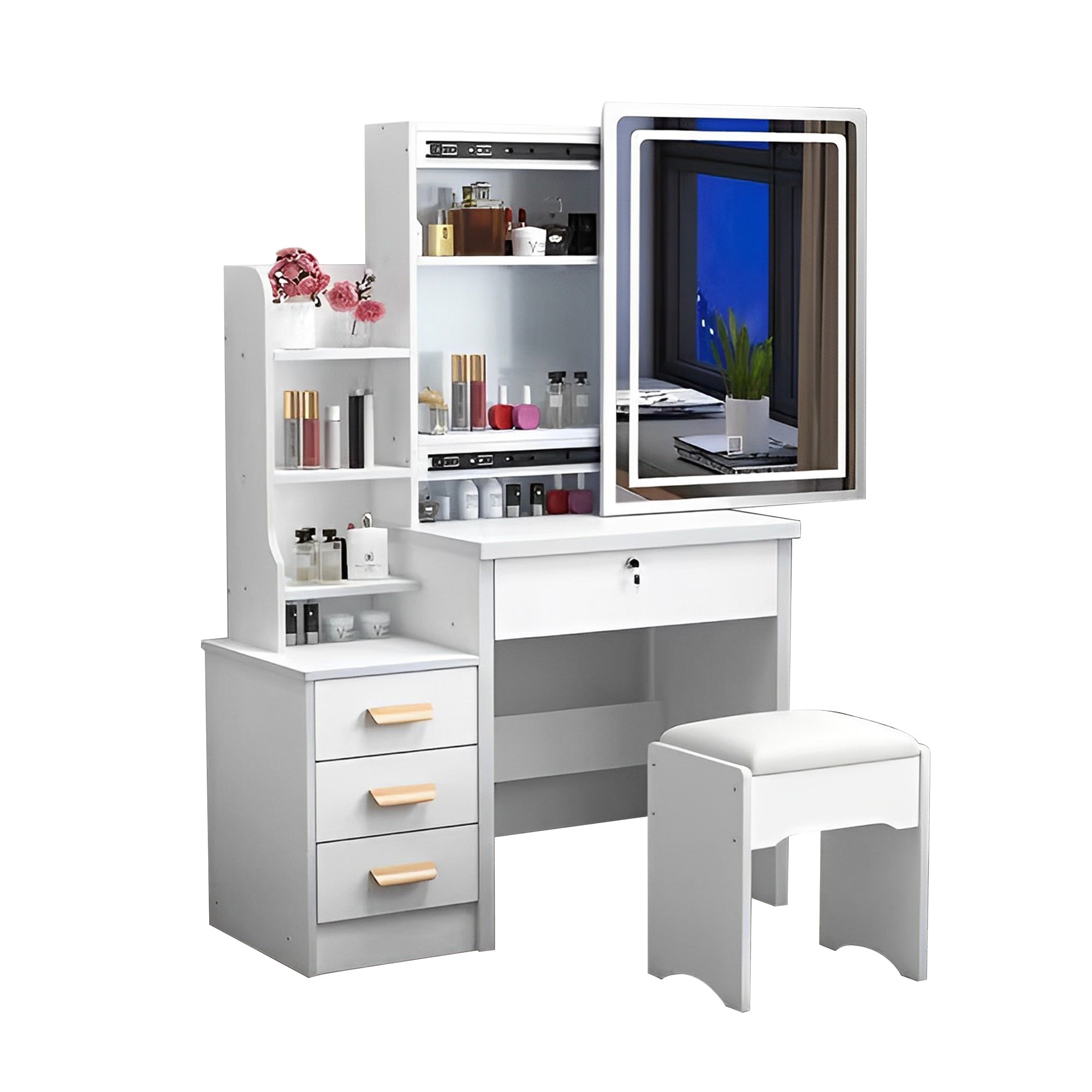 Fashionable dressing table with mirrors, makeup lamps and chairs - KiKiUMi