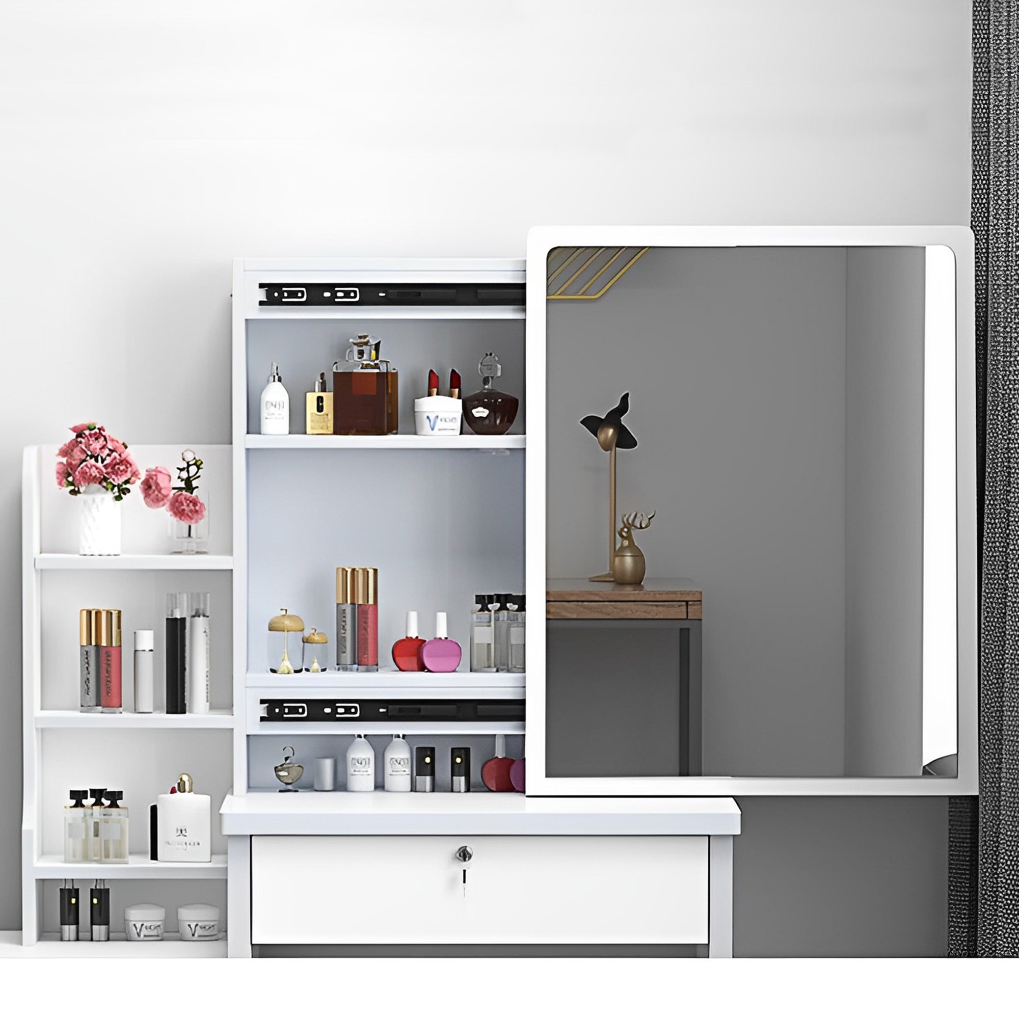 Fashionable dressing table with mirrors, makeup lamps and chairs - KiKiUMi
