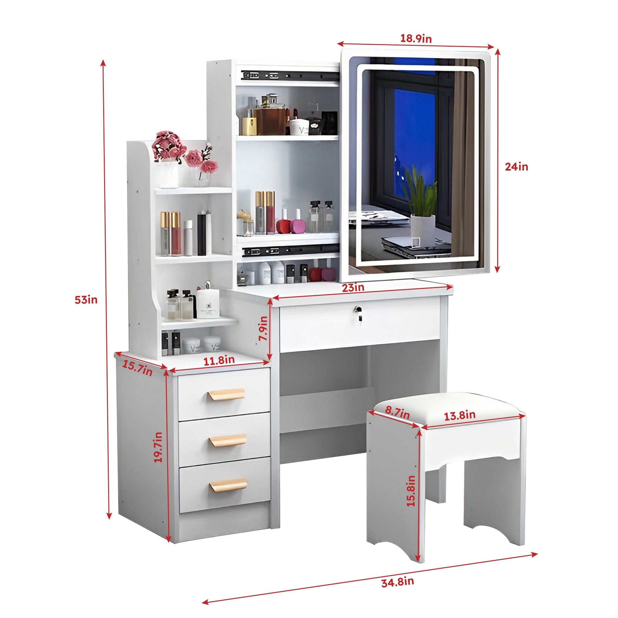 Fashionable dressing table with mirrors, makeup lamps and chairs - KiKiUMi