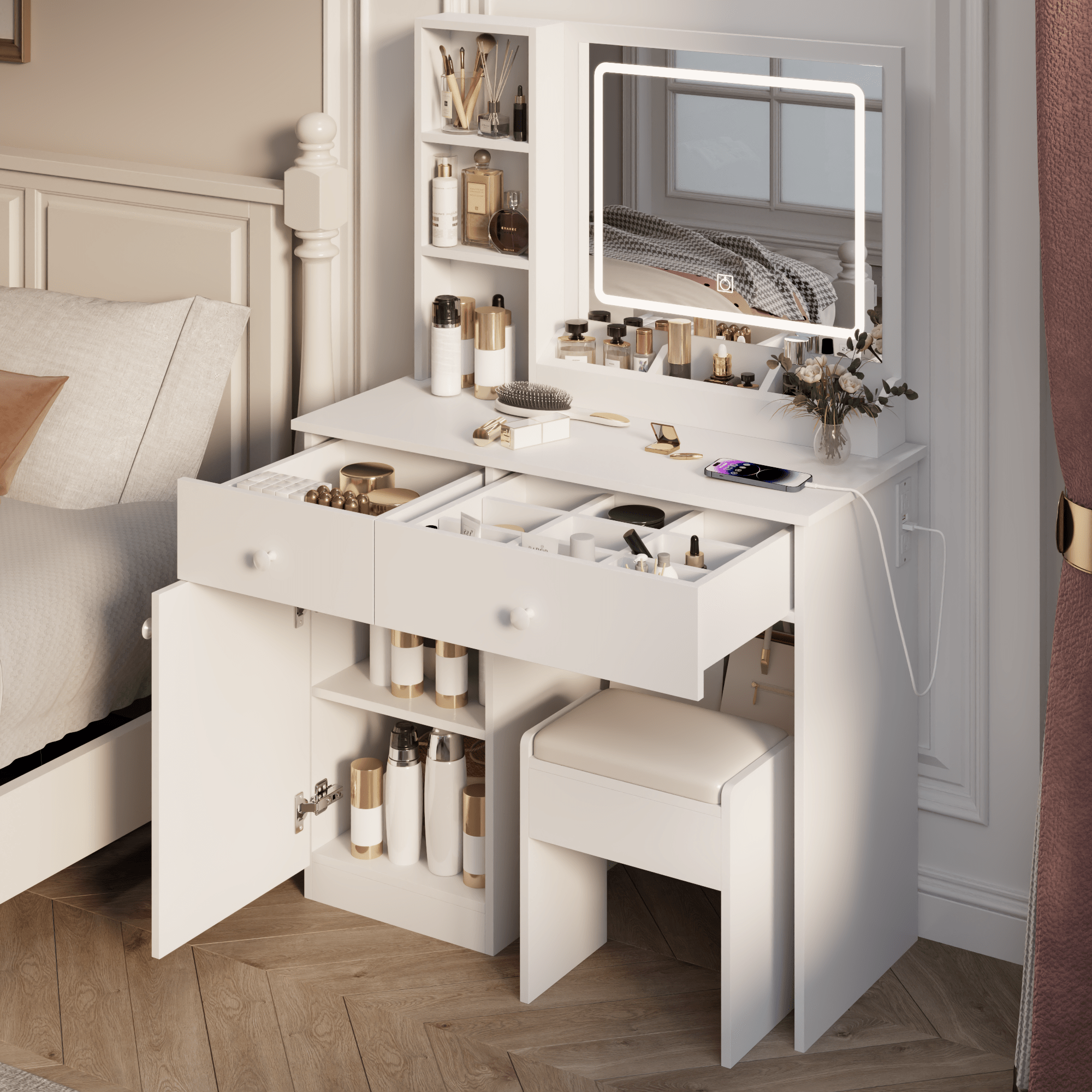 Fashionable dressing table with two drawers featuring mirrors and adjustable lights - KiKiUMi