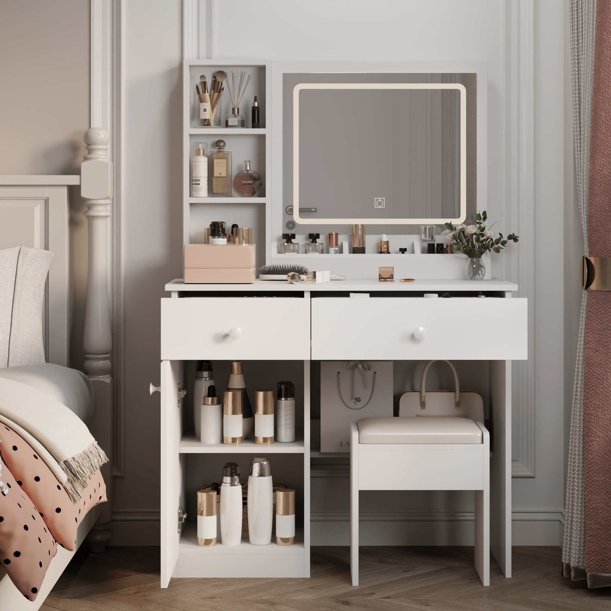 Fashionable dressing table with two drawers featuring mirrors and adjustable lights - KiKiUMi
