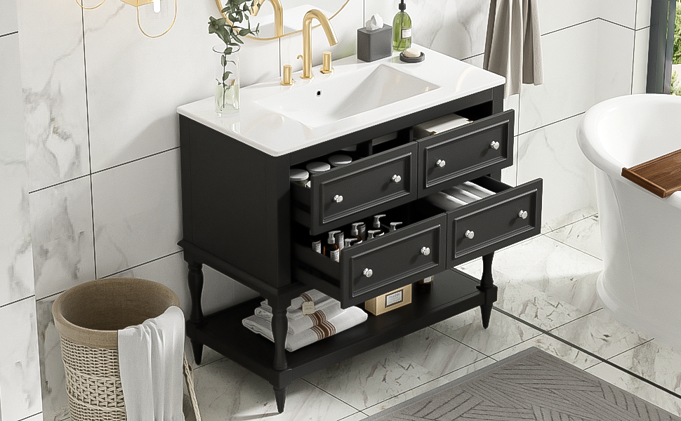 36' Solid Wood Frame Independent Dressing Table Set (black)