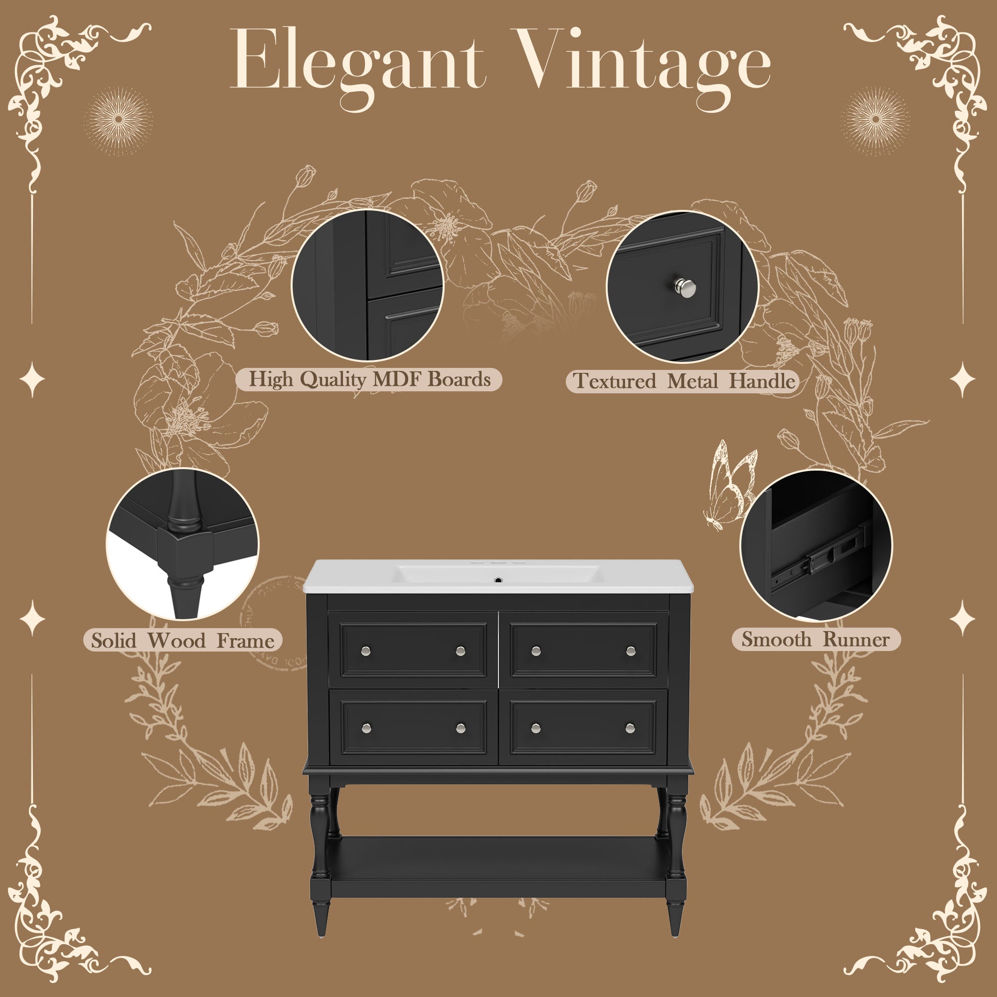 36' Solid Wood Frame Independent Dressing Table Set (black)