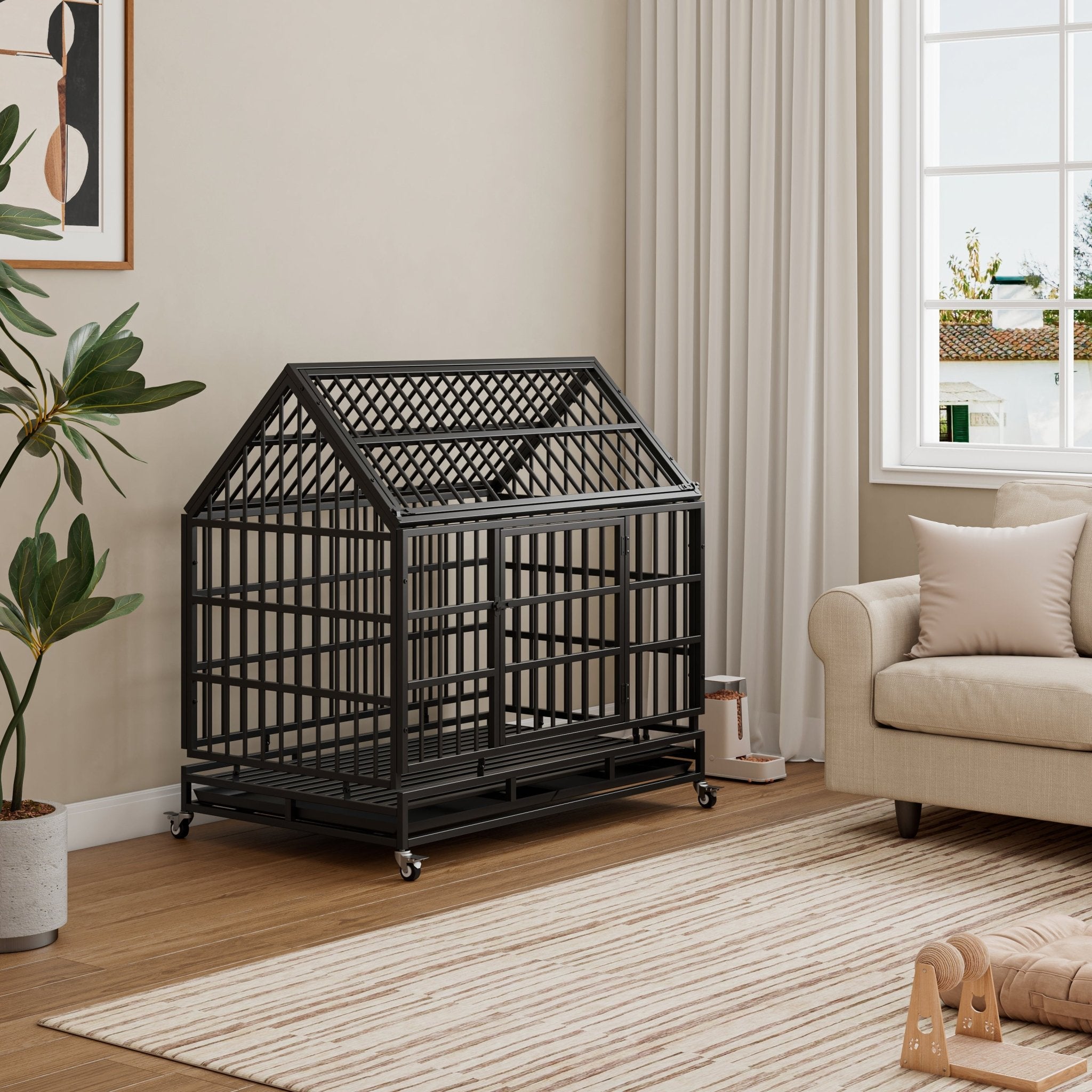 Folding metal large dog cage, crate and wheels - KiKiUMi