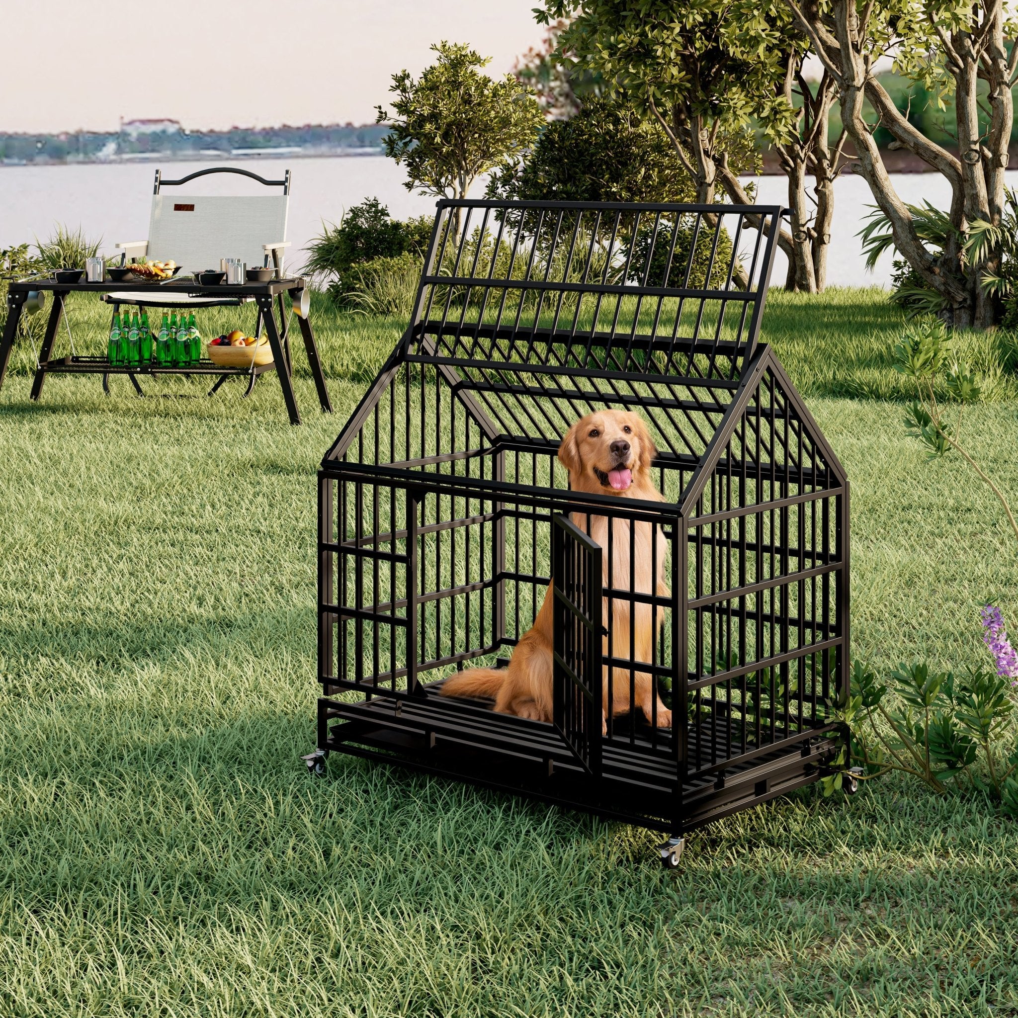 Folding metal large dog cage, crate and wheels - KiKiUMi